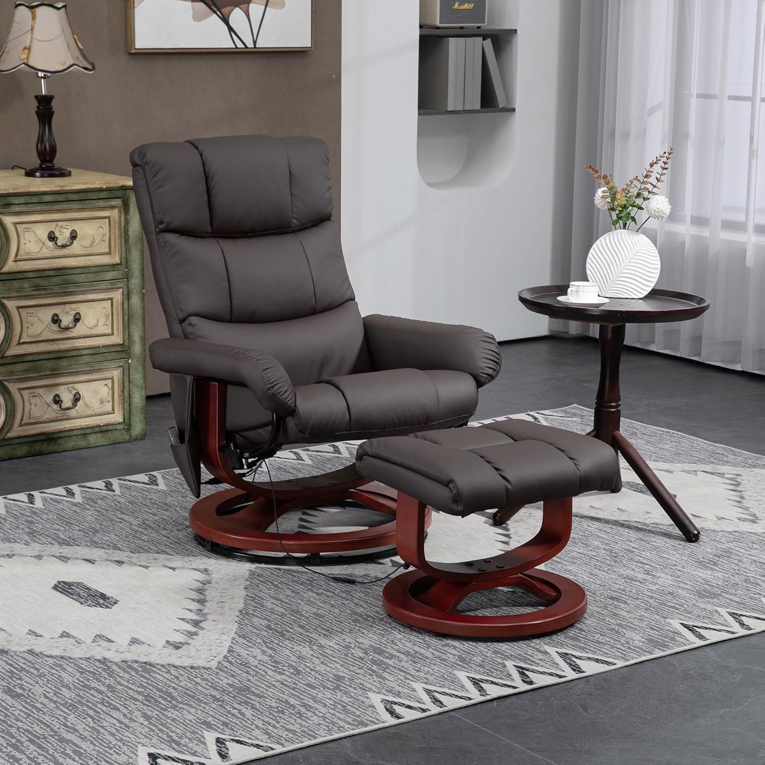 Brown Faux Leather Swivel Massage Recliner with Ottoman