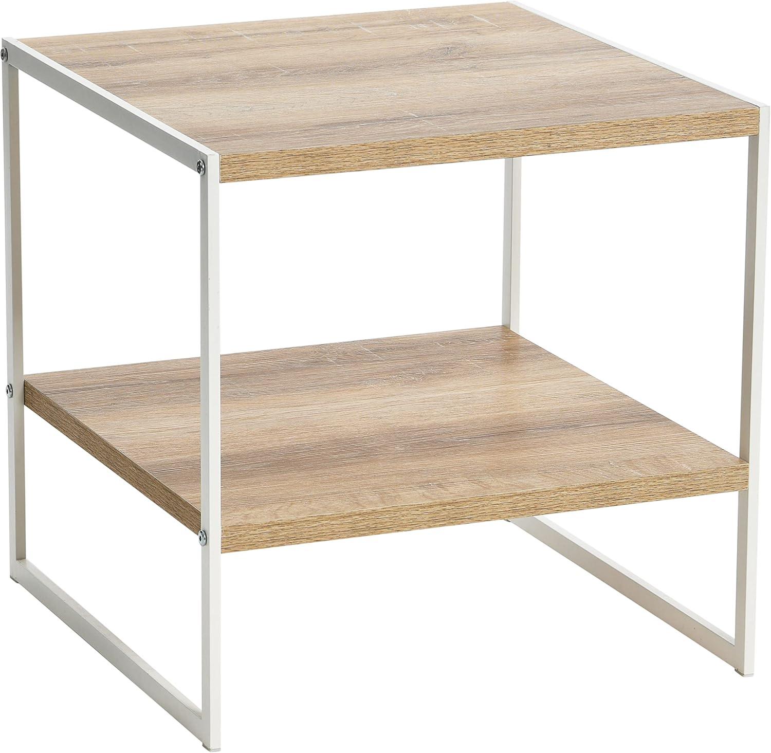 Household Essentials Jamestown Square Side End Table with Storage Shelf Coastal Oak Rustic Wood Grain and White Metal