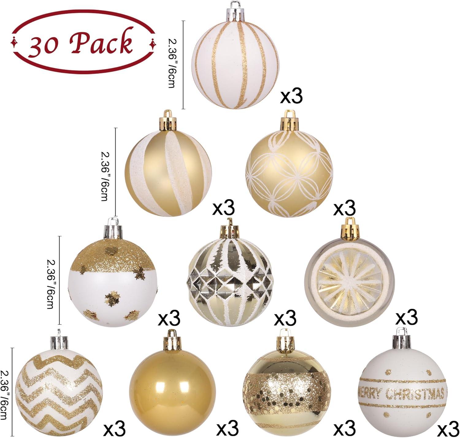 YX 30PC Christmas Tree Decorations, Christmas Balls Ornaments, Festive Wedding Hanging Ornaments Christmas Tree Decoration,Gold&White Painted Shatterproof