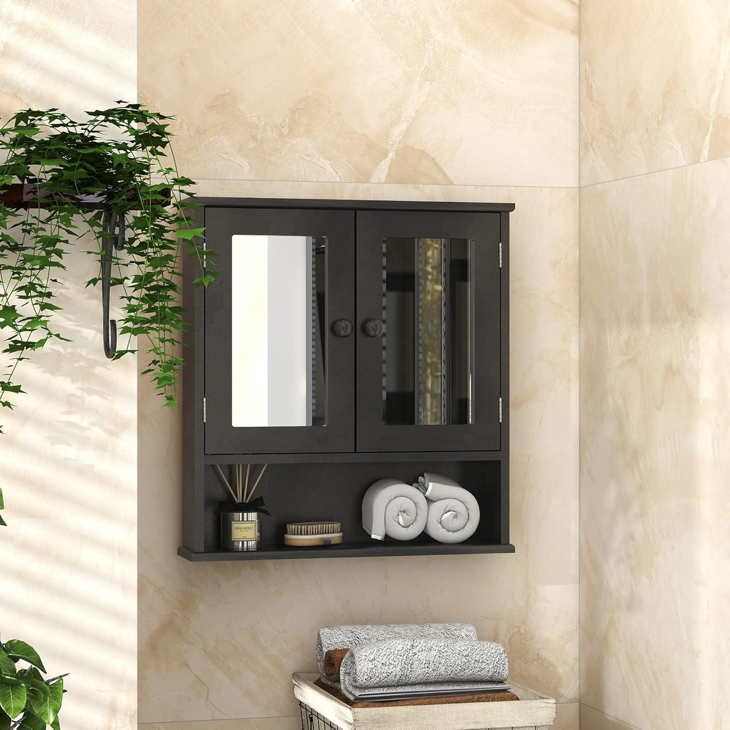 Medicine Cabinet, Medicine Cabinets For Bathroom With Mirror 2 Doors 3 Open Shelf, Bathroom Cabinet Wall Mounted Wooden Storage Over Toilet Laundry Room Kitchen