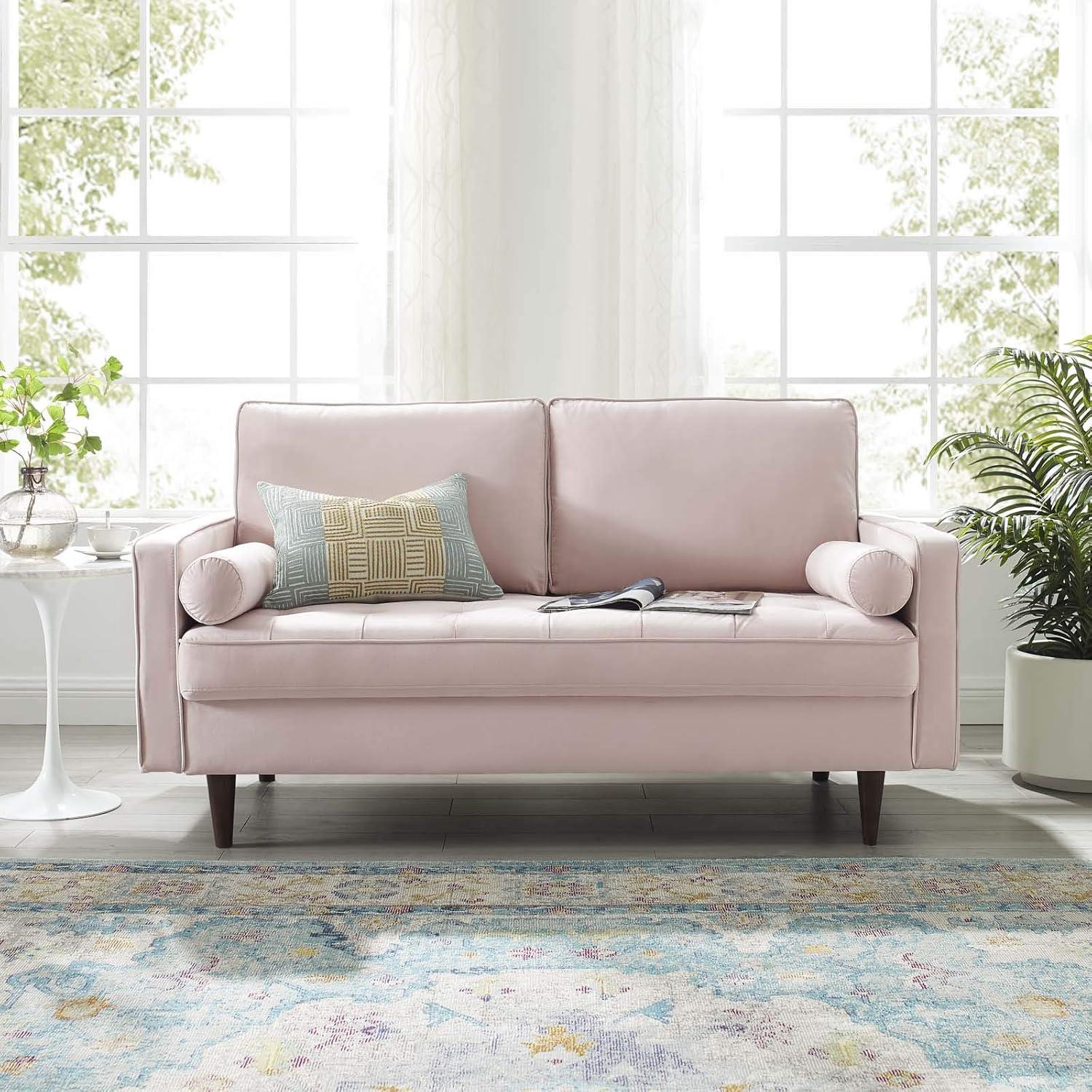 Pink Velvet Tufted Loveseat with Walnut Wood Legs