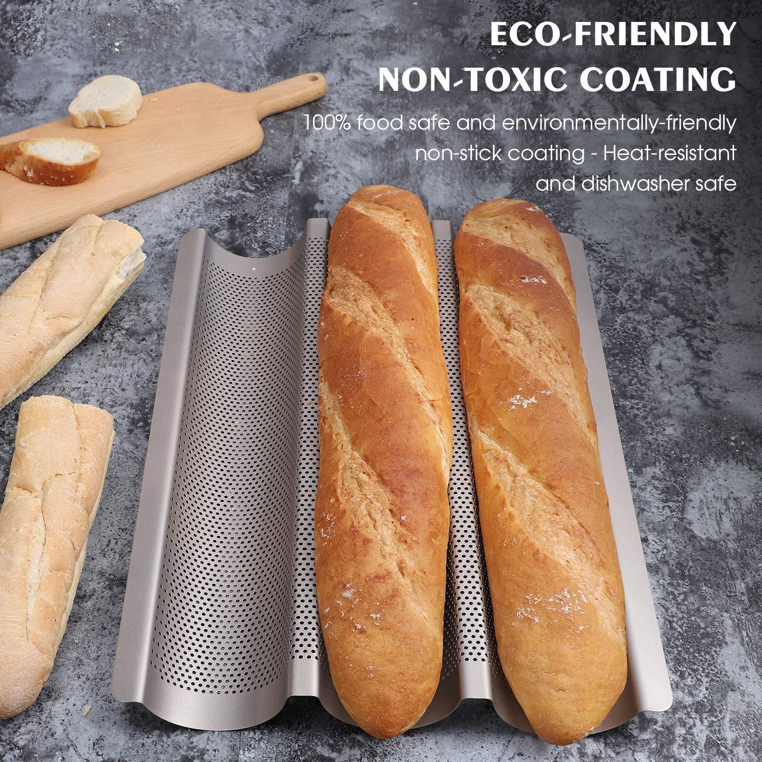 Baguette Pan, French Bread Pans For Baking Pan, Nonstick 3 Slots Perforated Italian Loaf Pan Mold Long French Bread Pan,Golden