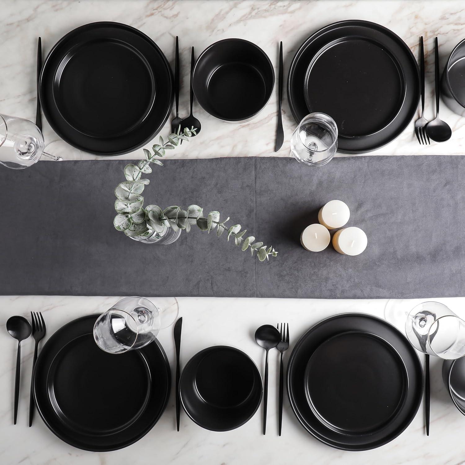 Stoneware Dinnerware Set 32-Pc Black Matte - Microwave & Dishwasher Safe for Daily Use & Entertaining | Durable, Chip-Resistant, Easy Clean Dishes
