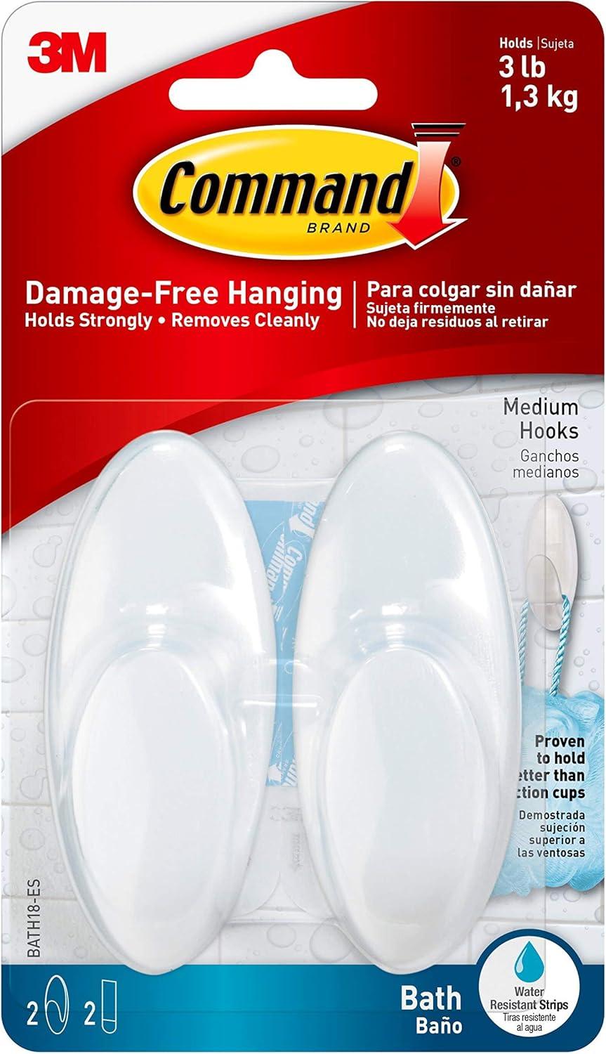 Command 2 Hooks 2 Strips Medium Sized Bath Hooks Frosted: Plastic Adhesive, 3 lb Capacity, Shower Command Hooks