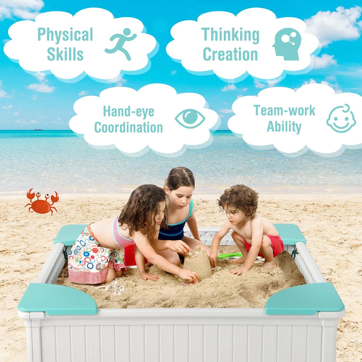 Spaco Kids Outdoor Sandbox with Oxford Cover and 4 Corner Seats, Backyard Sandbox, Kids Sand Activity Sensory Play Pit, Toddler Summer Outdoor Toys, 1+ Years Old