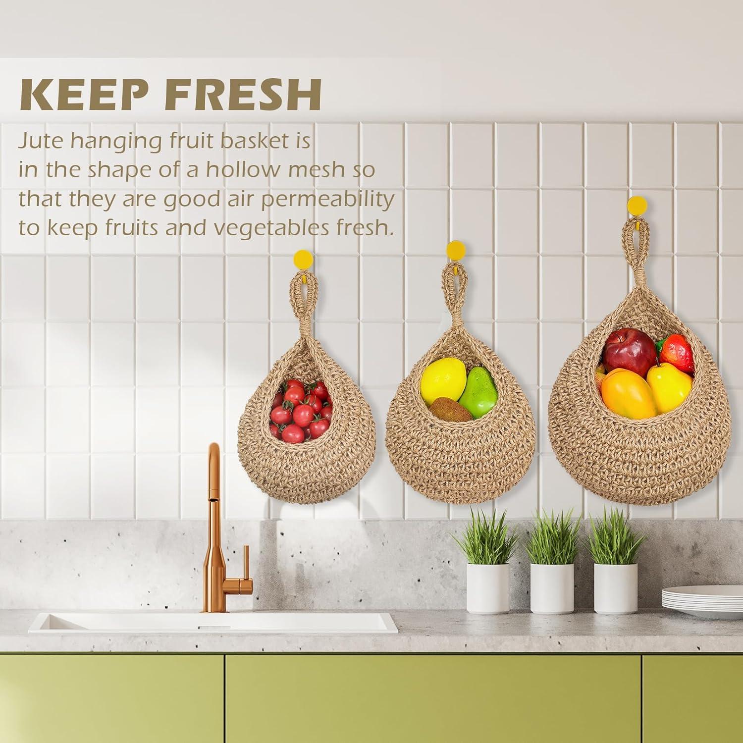 Hanging Fruit Baskets For Kitchen, 3 Pack Wall Hanging Fruit Baskets Boho Hanging Wall Basket, Hanging Kitchen Baskets For Fruits, Vegetables And Onion Storage (Set of 3)