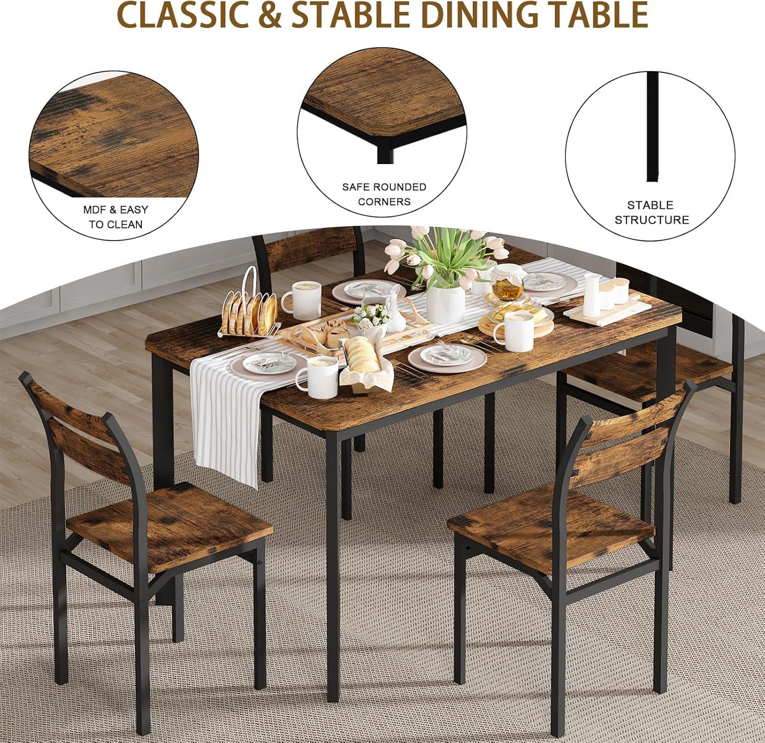 5-Piece Dining Room Table Set, Compact Wooden Kitchen Table and 4 Chairs with Metal Legs Dinette Sets, Industrial Style Kitchen Table and Chairs for Dining Room & Small Space