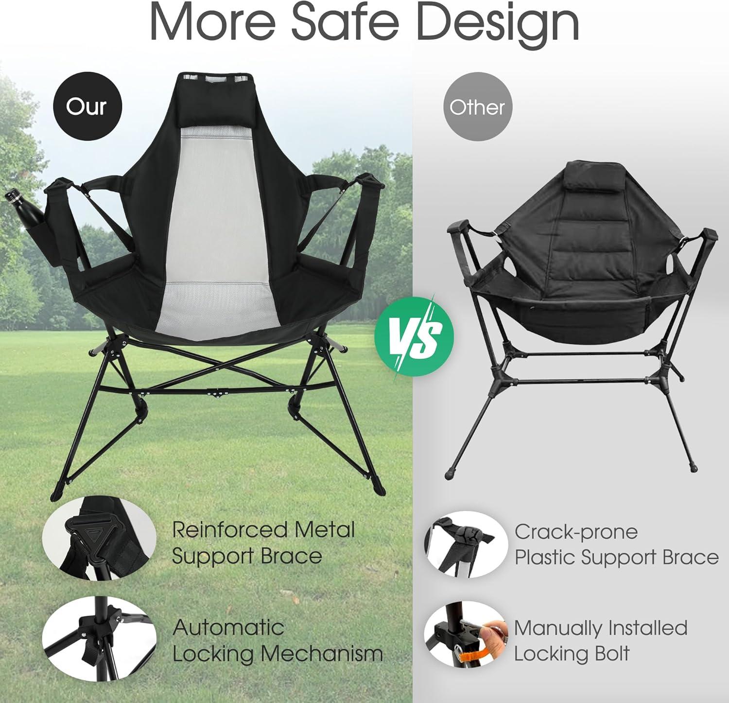 Hammock Camping Chairs Set of 2- Portable Swinging Hammock Chairs for Adults with Stand and Storage Bag, Oversized Folding Rocking Chairs for Lawn Camp Fishing Hiking, Black