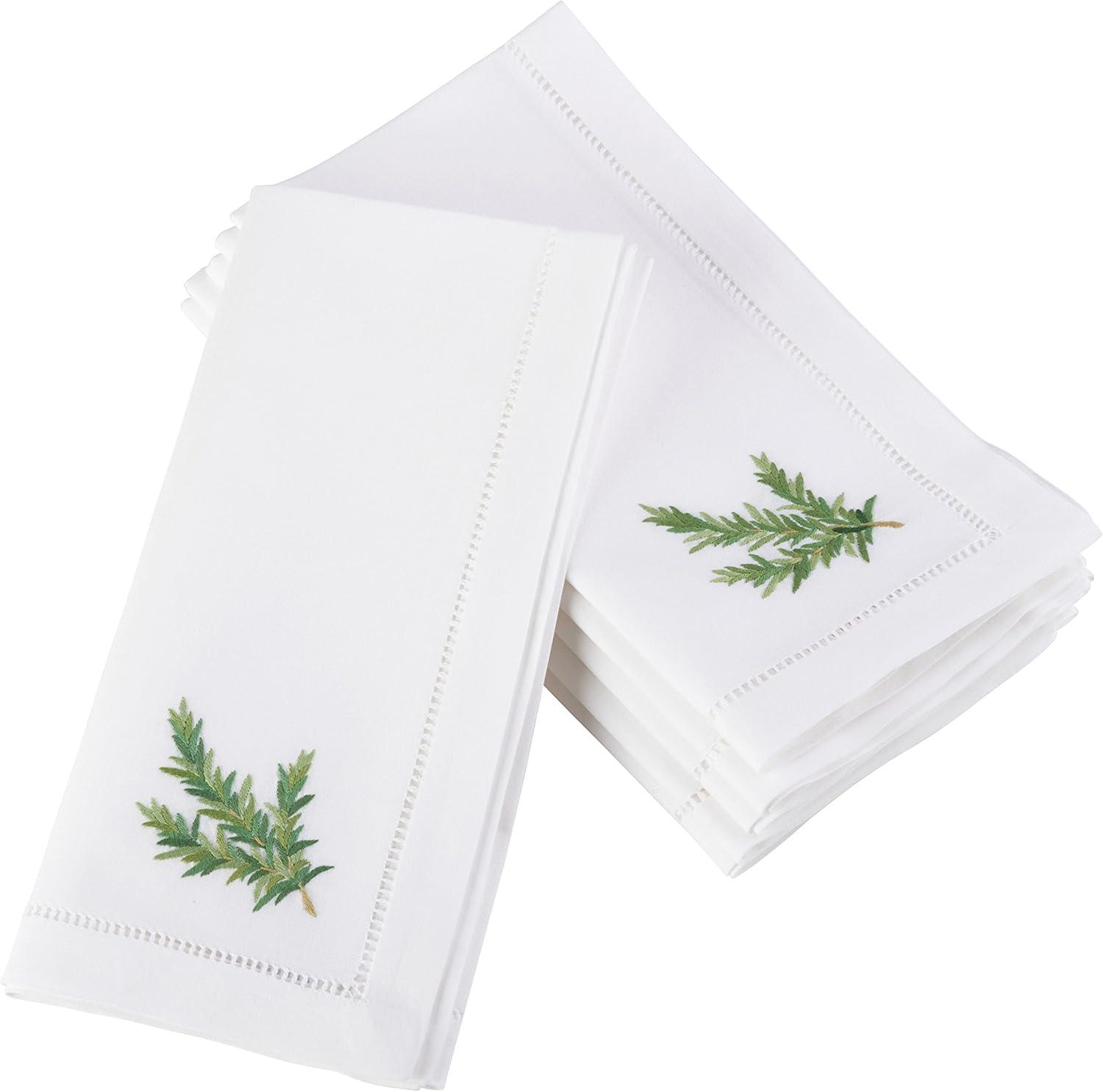 White Cotton Napkins with Embroidered Rosemary Design, Set of 6