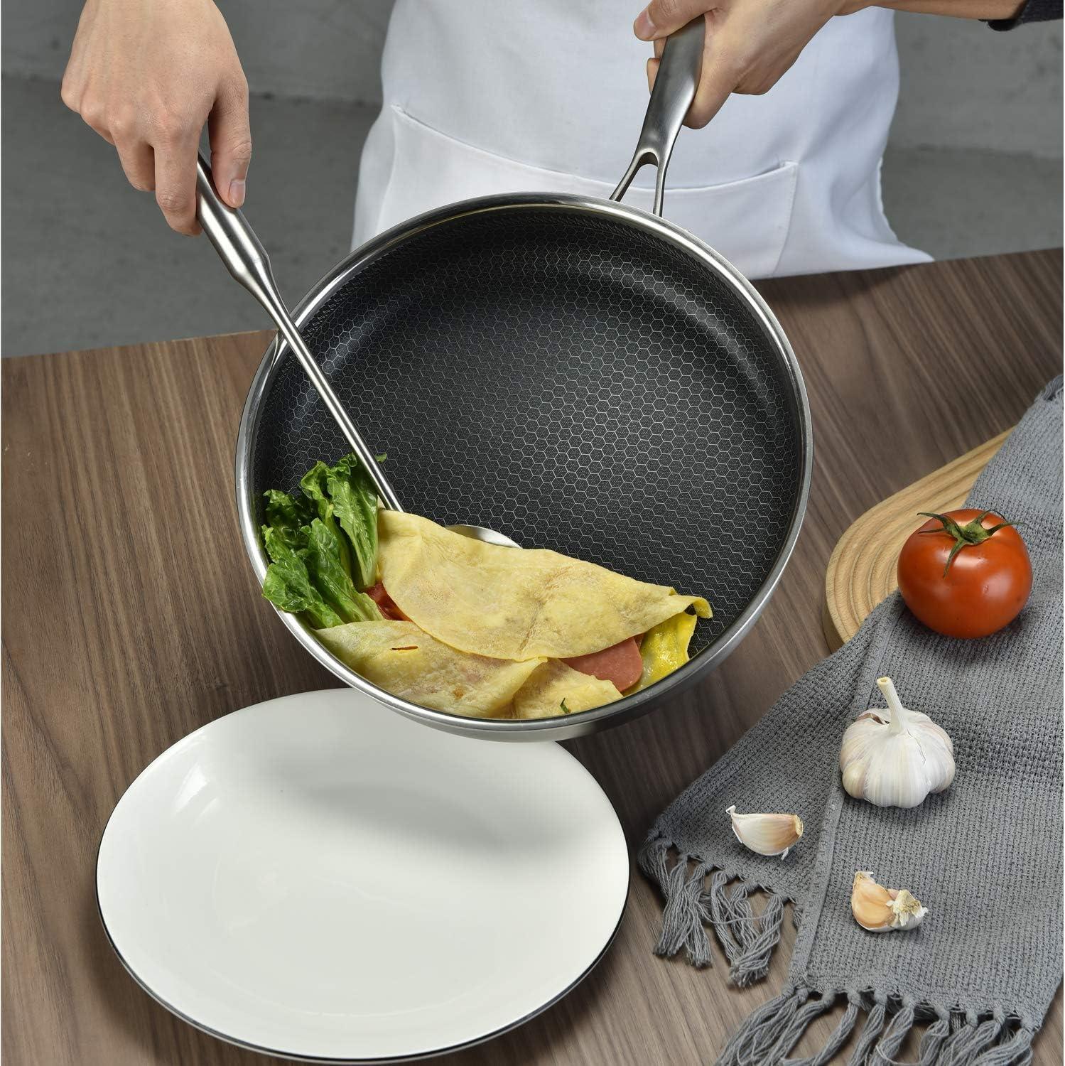 12 Inch Frying Pan with Lid, Whole body Tri-Ply Stainless Steel Skillet for Gas Electric Induction Ceramic Stoves and Oven