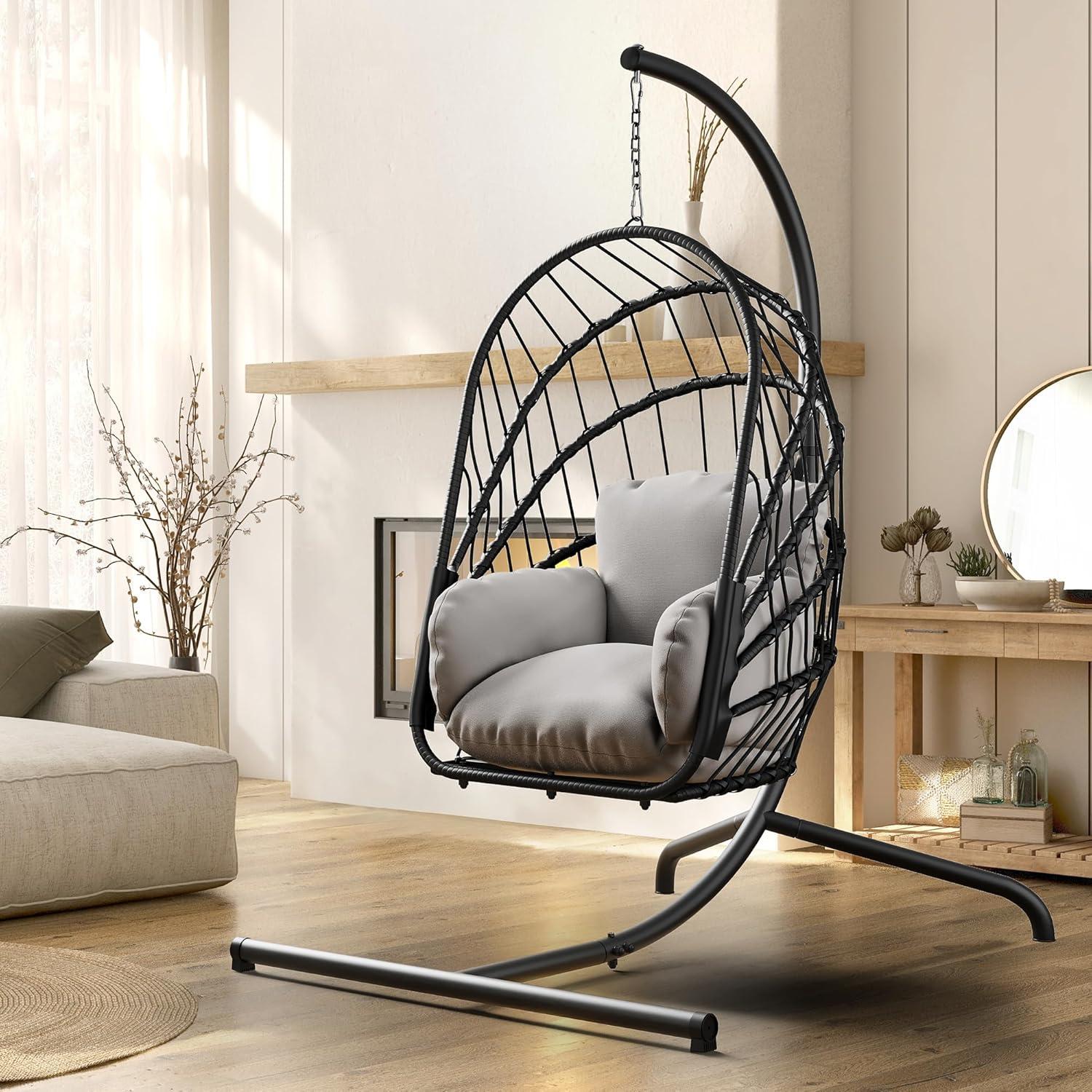 YITAHOME Hanging Egg Chair with Stand, Rattan Wicker Swing Egg Chair with Resistant Cushion, 370lbs Capacity, Foldable Hanging Basket Chair for Porch, Garden, Bedroom, Balcony - Grey