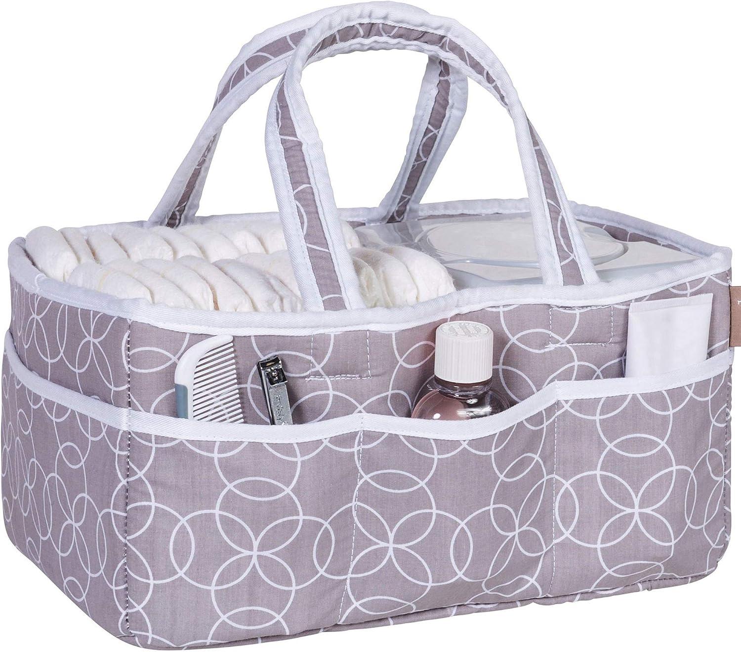 Circles Gray Storage Caddy - Circles Body, Handles and Lining, Solid Trim, Gray and White, Two Handles, 12 in x 6 in x 8 in