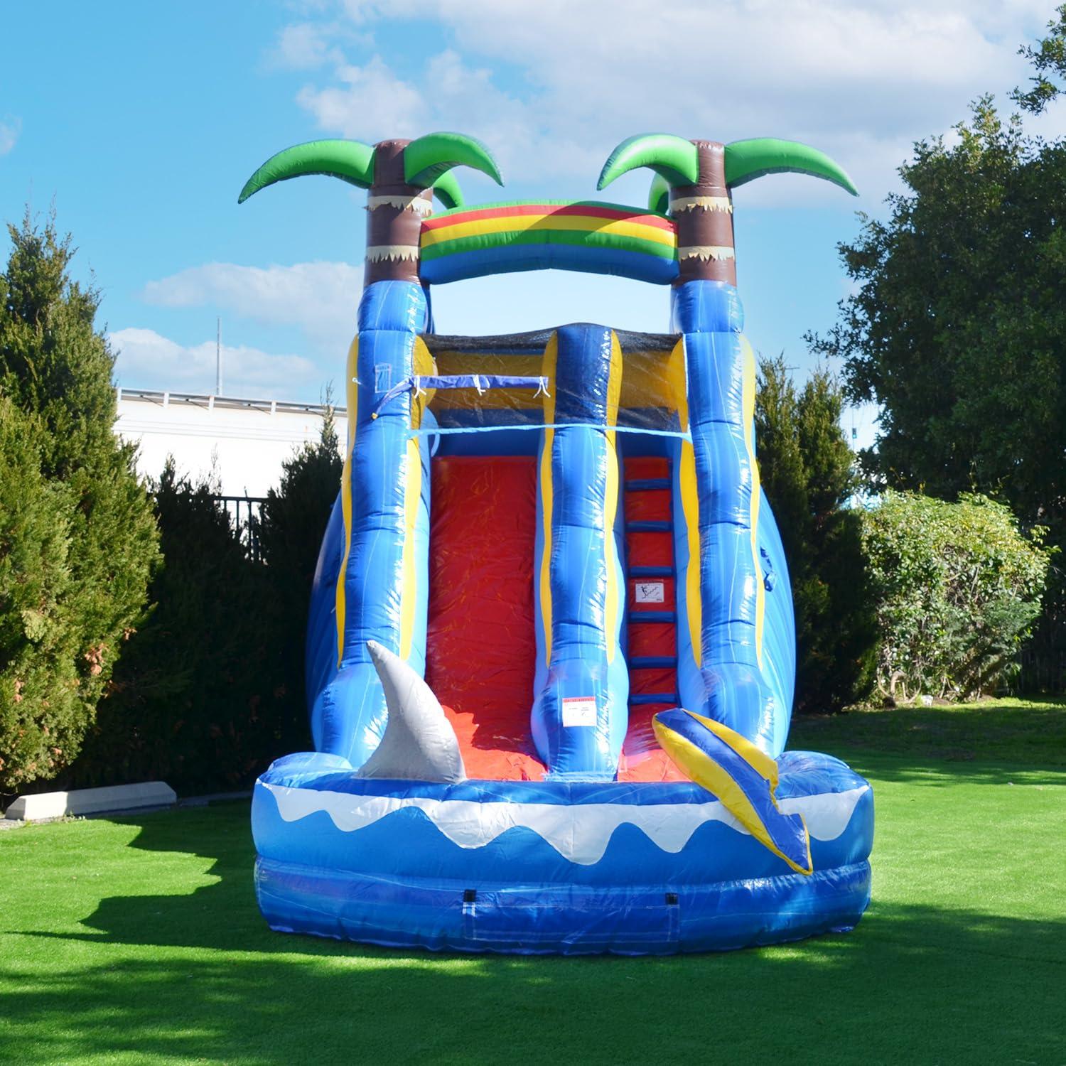 HeroKiddo Ocean Shark Commercial Grade Bounce House Water Slide with Splash Pool for Kids and Adults (with Blower), Basketball Hoop, Outdoor Indoor, Wet Dry Combo, Big Inflatable, Rental Quality