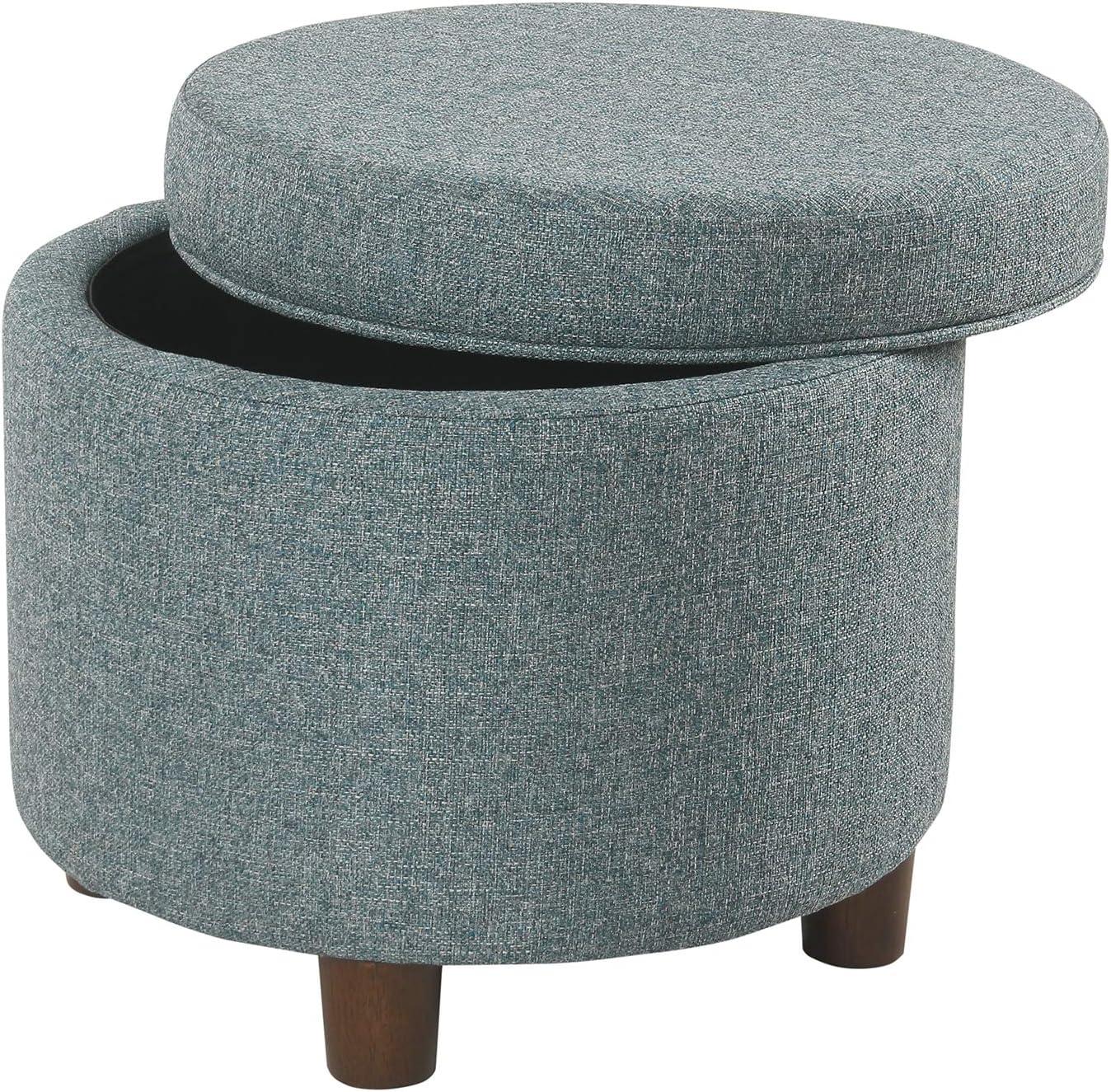 Mid-Century Modern Teal Tweed Round Storage Ottoman