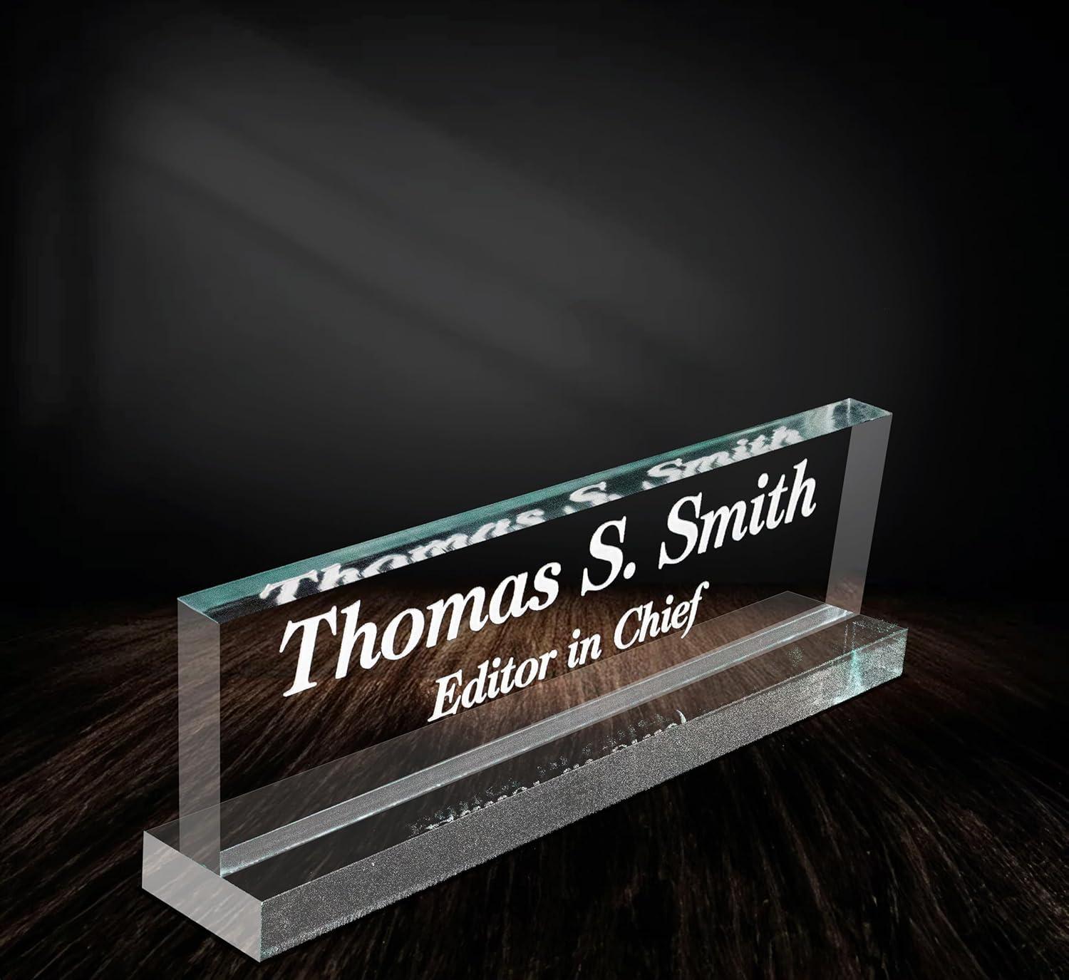 Lasercrafting Office Desk Name Plate Personalized Crystal Clear Glass-Like Acrylic Customized with Laser Engraved Frosted White Text