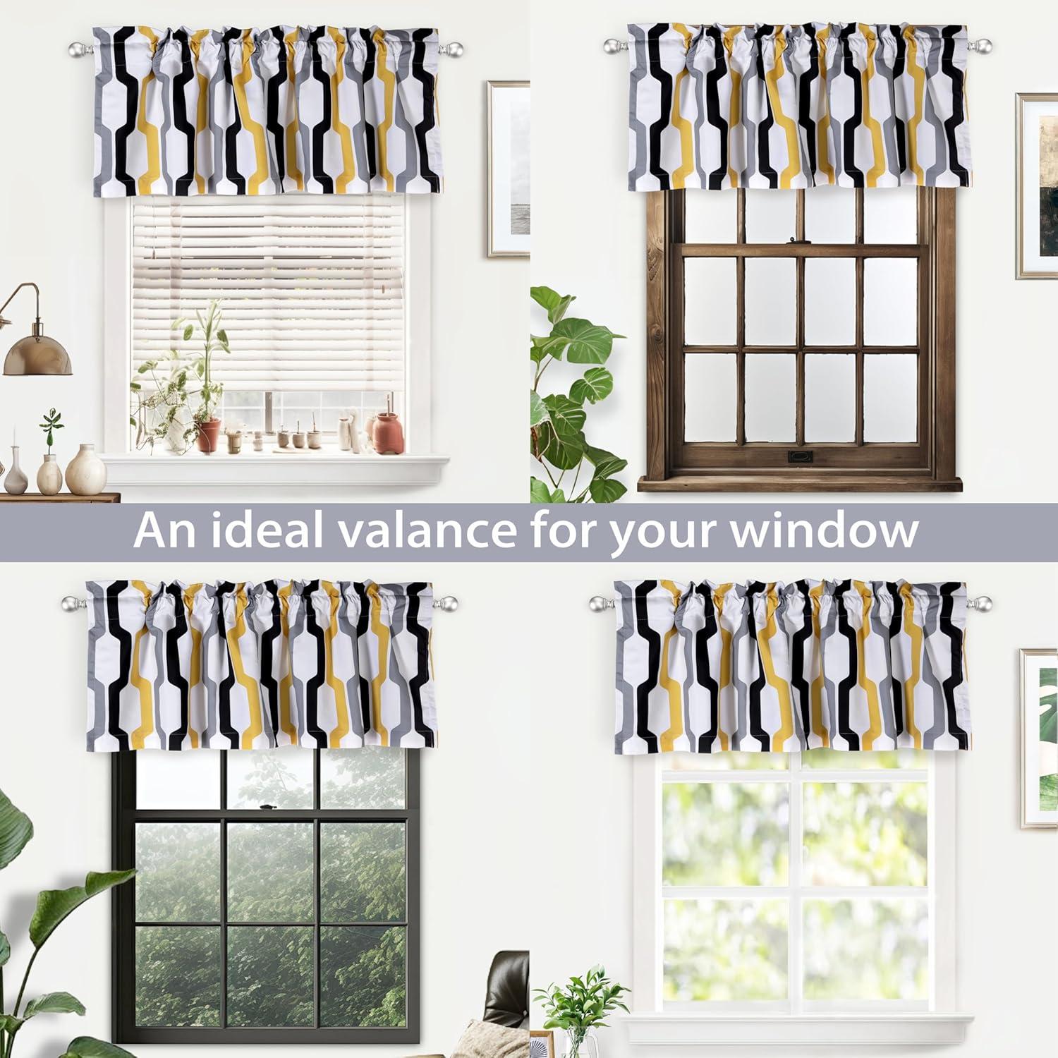 DriftAway Riley Geo Lined Window Curtain Valance Mid Century Geometric Pattern 2 Layers Rod Pocket 52 Inch by 18 Inch Plus 2 Inch Gold White