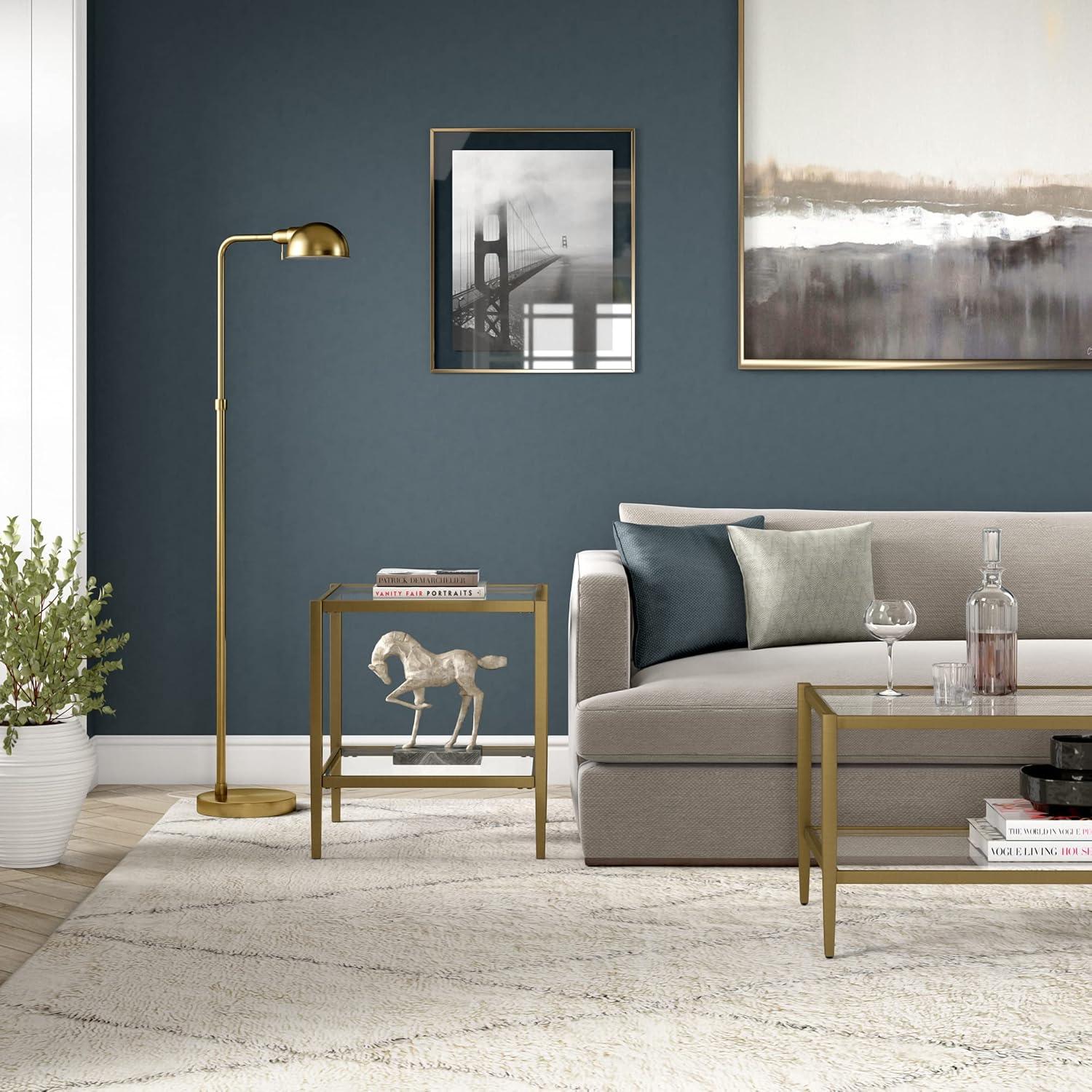 Evelyn&Zoe Hera 20" Wide Square Side Table with Glass Shelf, Antique Brass