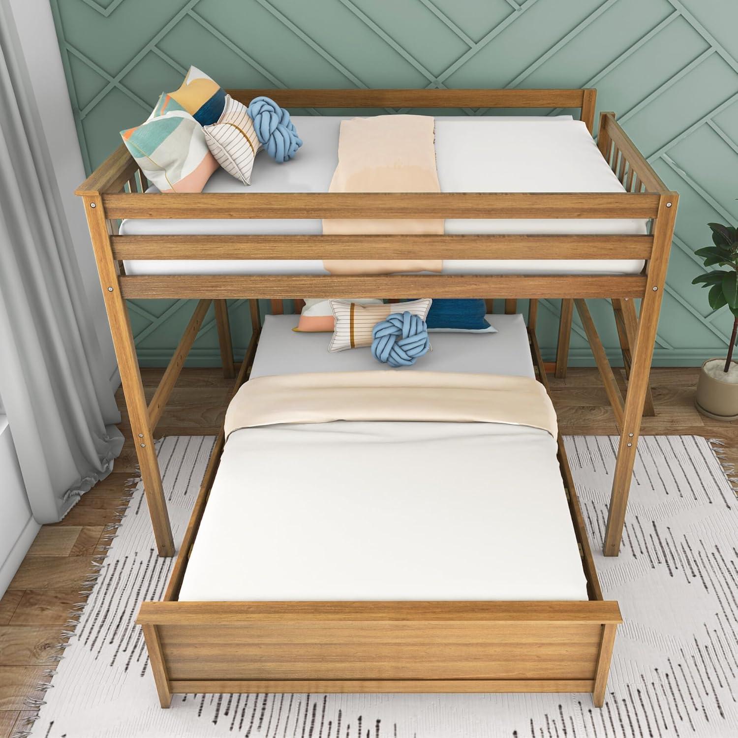 Max & Lily Bunk Bed, L Shaped Full-Over-Queen Bed Frame for Kids with Ladder on End, Solid Wood Bunk Bed for Kids, No Box Spring Needed, Pecan