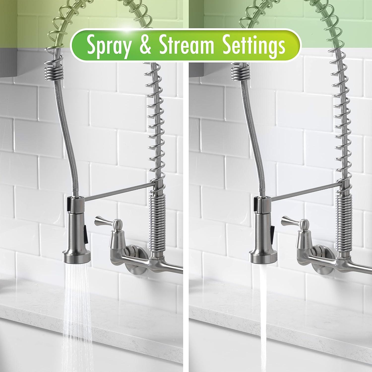 Stainless Steel Wall Mount Kitchen Faucet with Pull-Down Spray