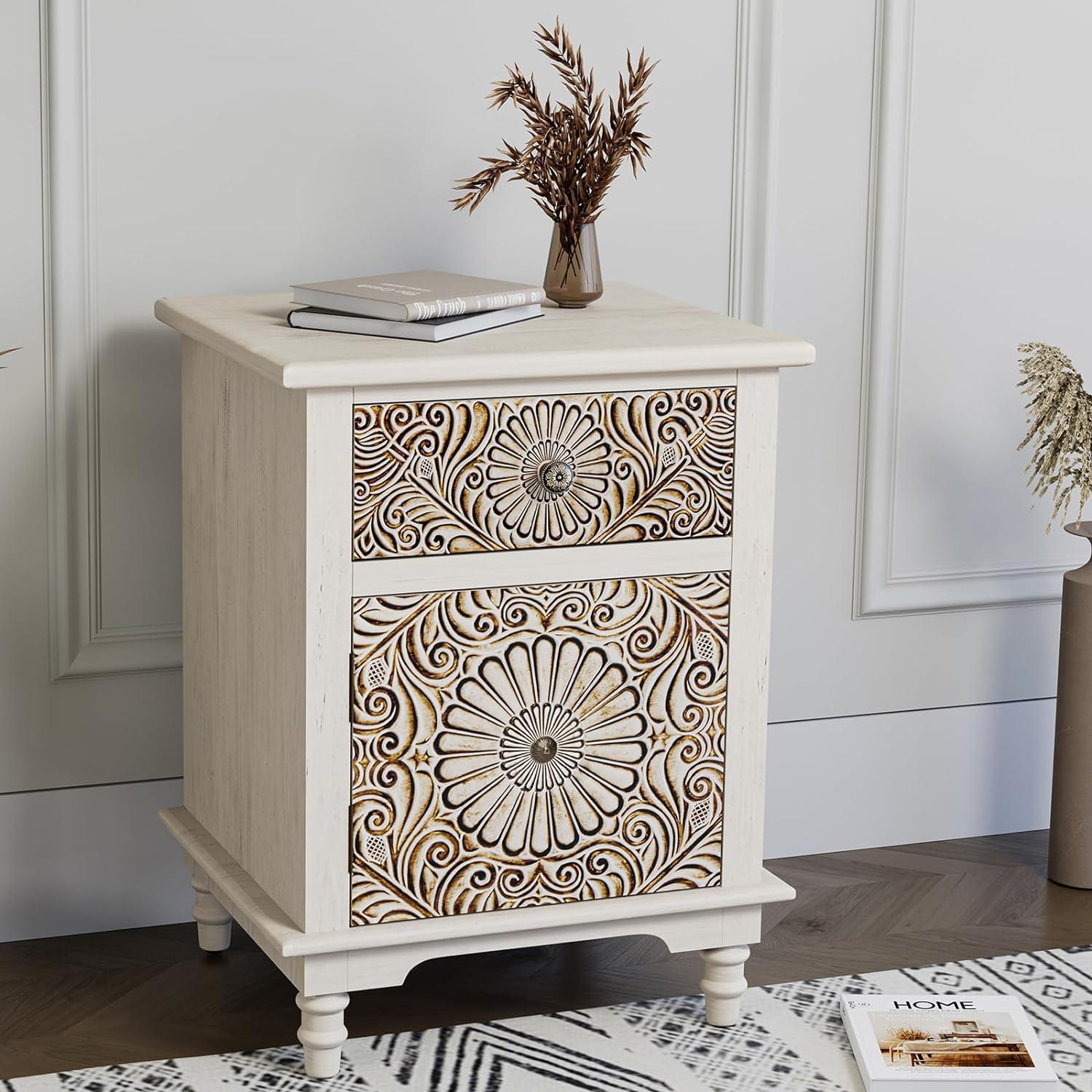 Light Gray Floral Carved MDF Nightstand with Drawer