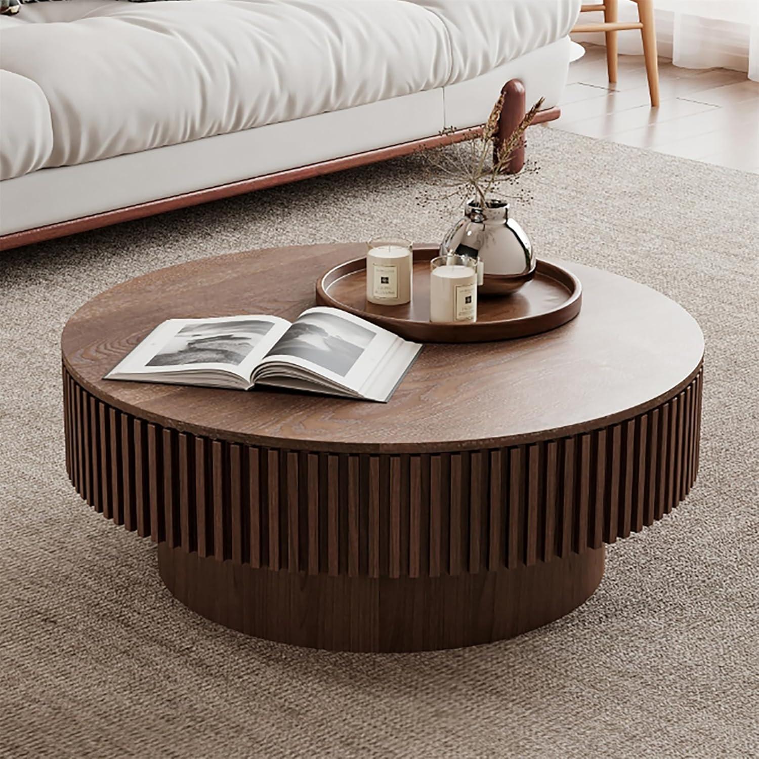 31.5" Round Wood Coffee Table with Storage - Modern Drum Circle Fluted Side Table for Apartment, Office - Easy Assembly, Walnut