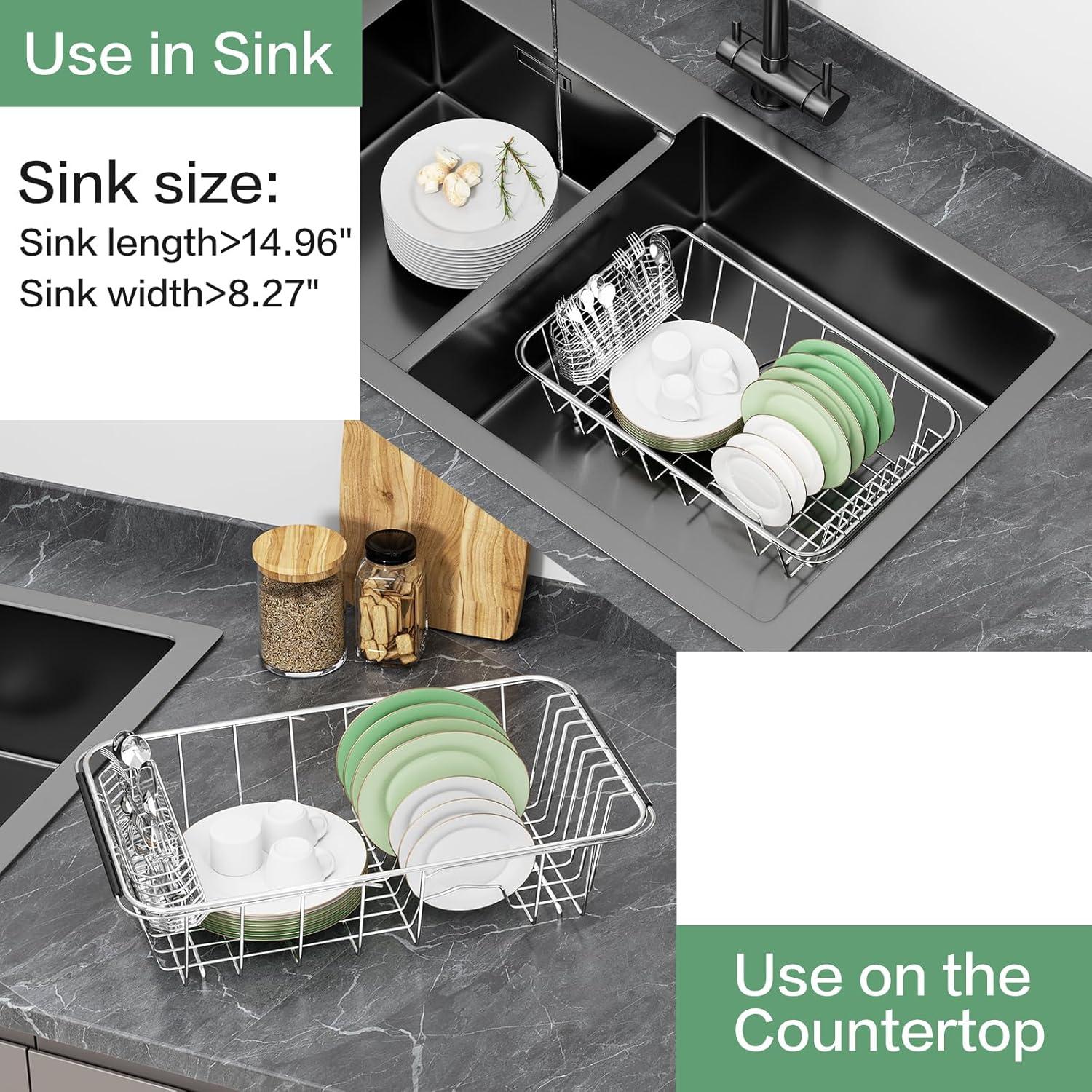 Adjustable Stainless Steel Dish Rack with Utensil Holder