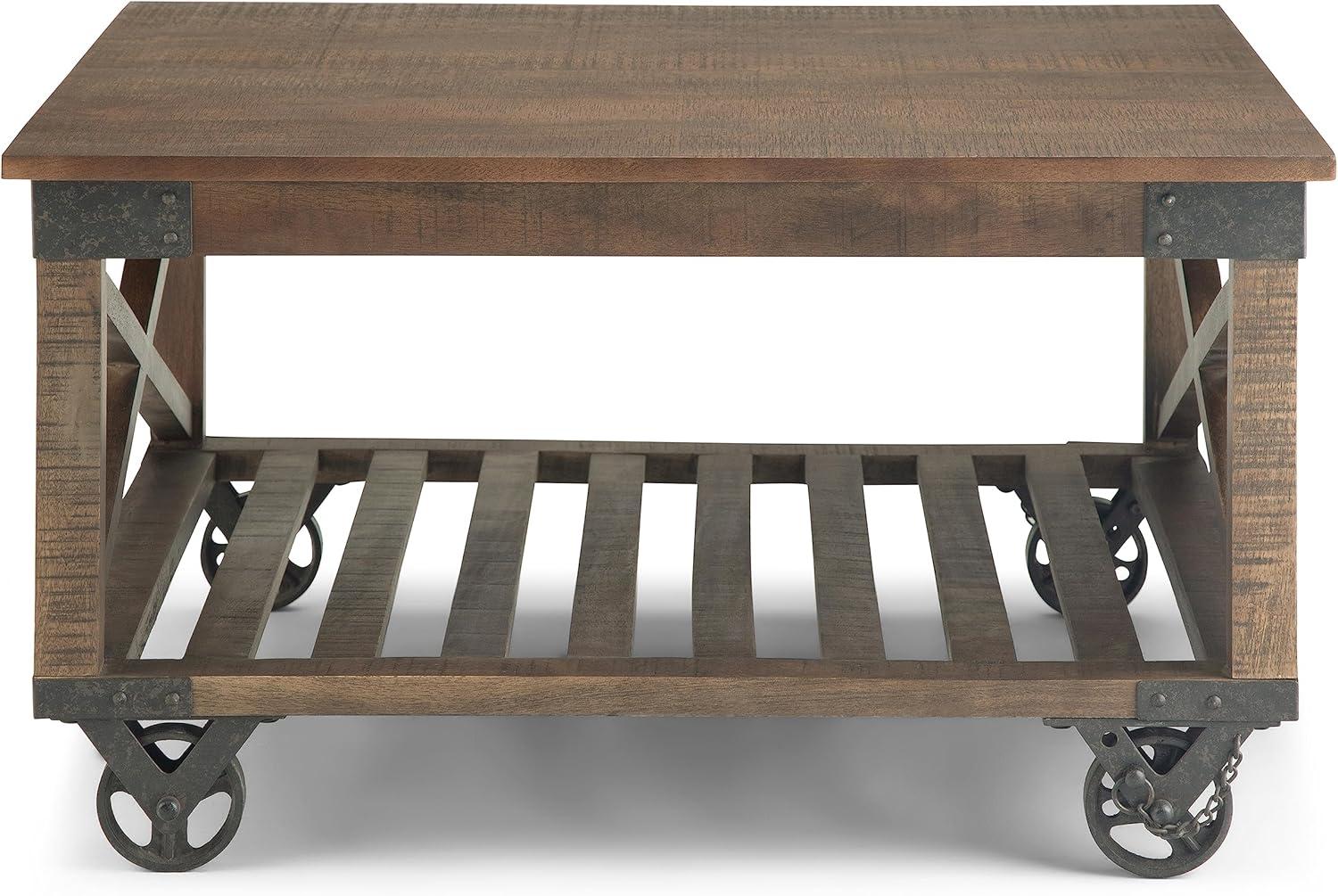 Simpli Home Harding 32"W Solid Mango Wood Industrial Square Coffee Table with Metal Accents, Open Shelf, and Iron Wheels