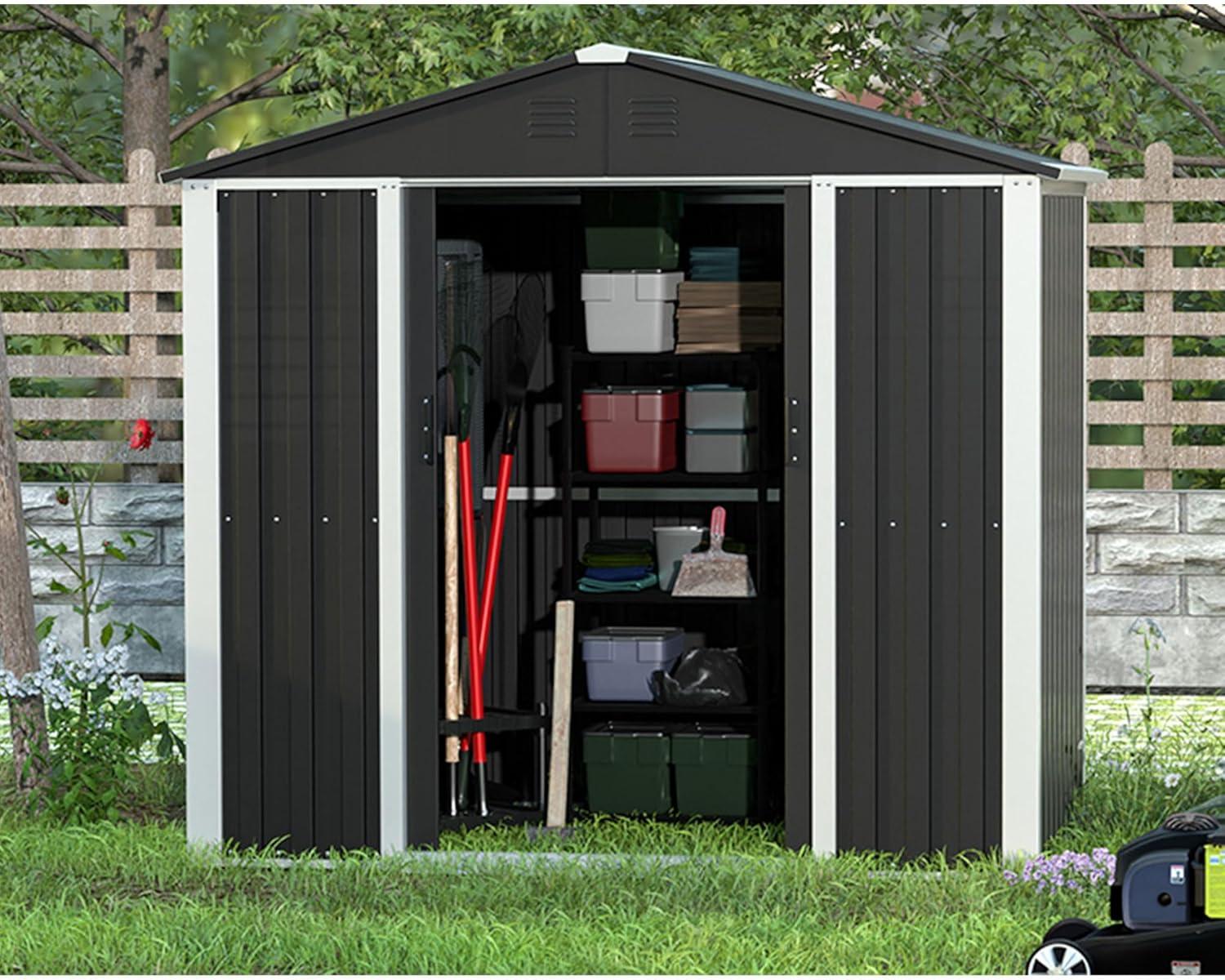 AOBABO Metal Outdoor Utility Tool Storage Shed with Roof Slope Design, Door and Lock for Backyards, Gardens, Patios and Lawns