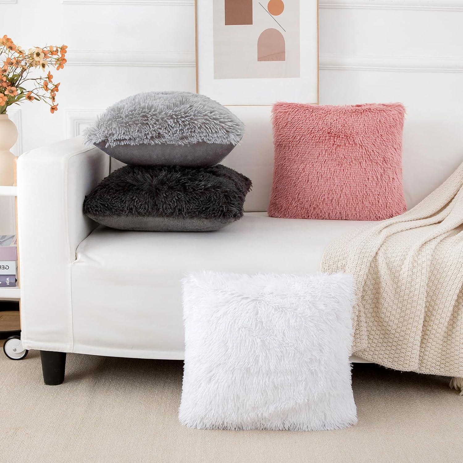 Fluffy White Faux Fur Pillow Covers   Set of 2, Cozy and Soft, 18x18 Inch, Invisible Zipper