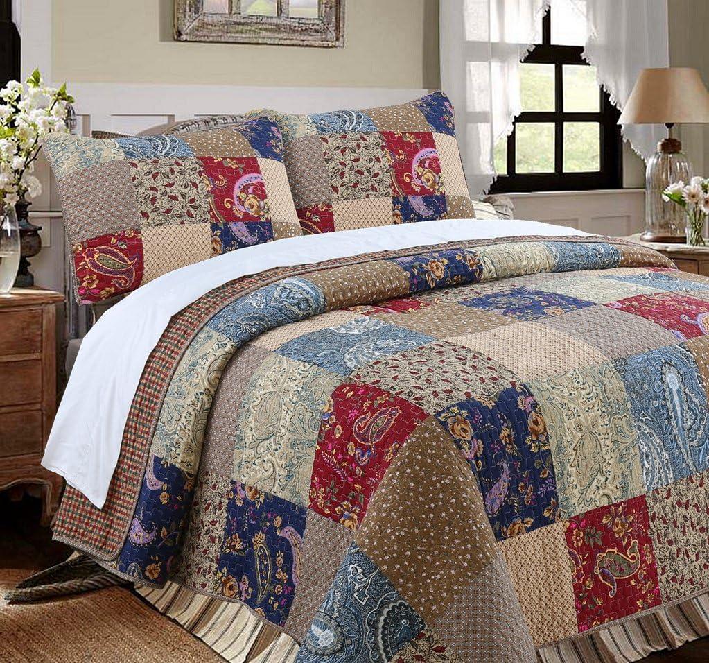 King Size Red and Navy Cotton Reversible Patchwork Quilt Set