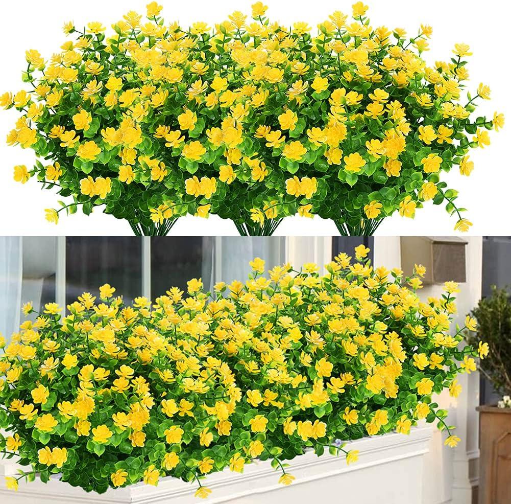 Baumaty 6 Bundles Outdoor Artificial Flowers UV Resistant Boxwood Plants, Greenery for Indoor Outside Hanging Garden Porch Window Box Home Wedding Farmhouse Decor (Yellow)