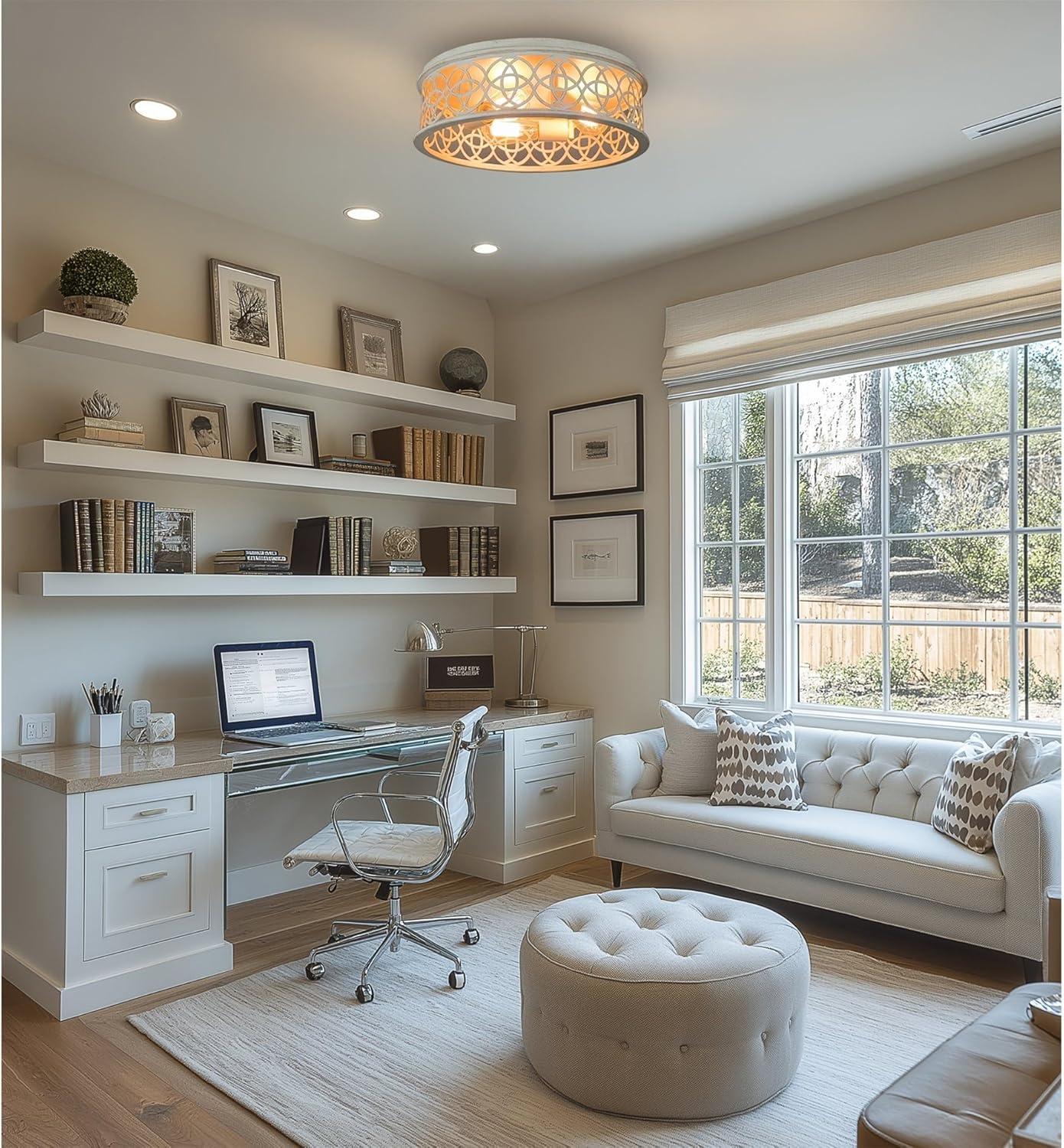 Kira Home Blythe 17" 3-Light Rustic Farmhouse Flush Mount Ceiling Light + Metal Cage Drum Shade, Antique White Finish