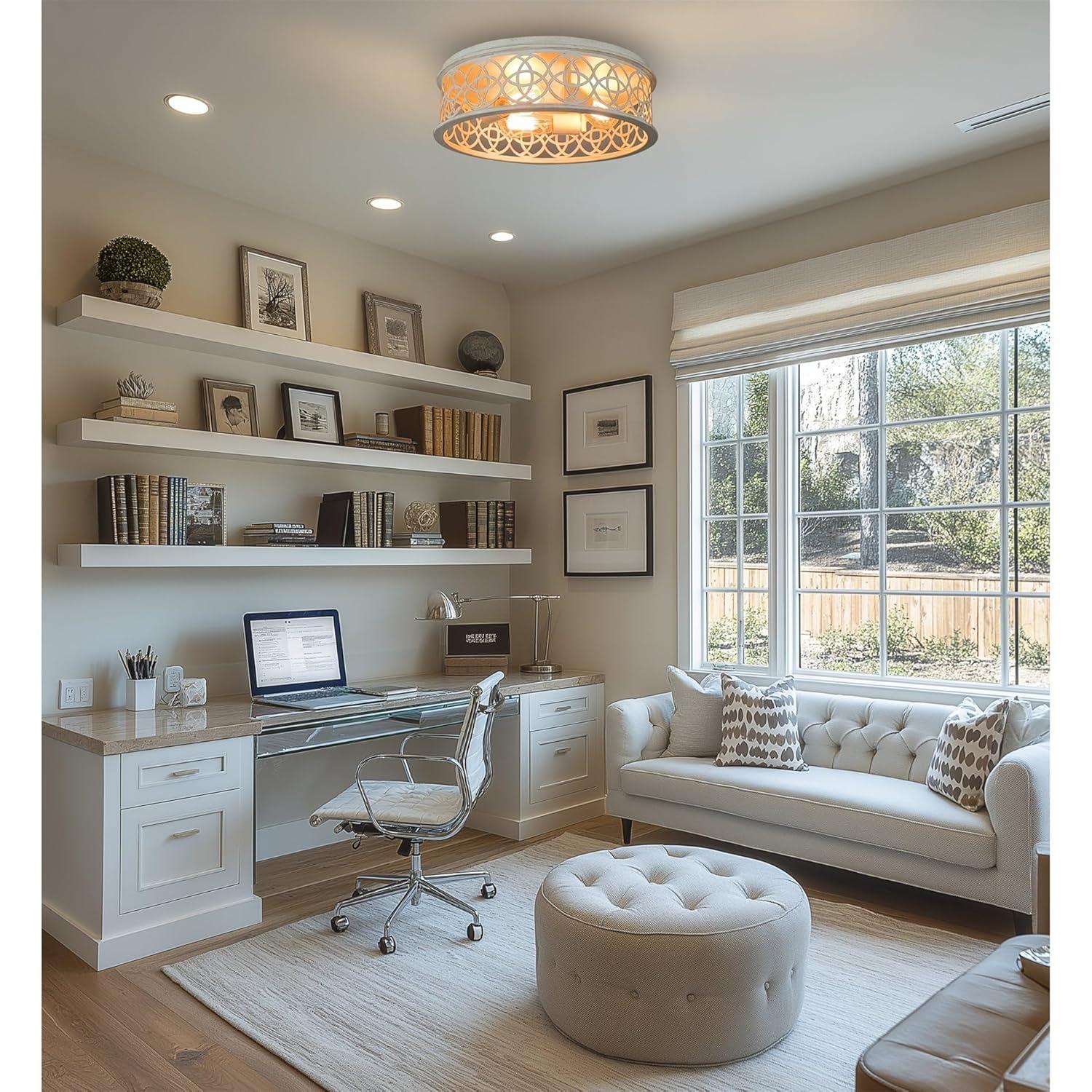 Kira Home Blythe 17" 3-Light Rustic Farmhouse Flush Mount Ceiling Light + Metal Cage Drum Shade, Antique White Finish