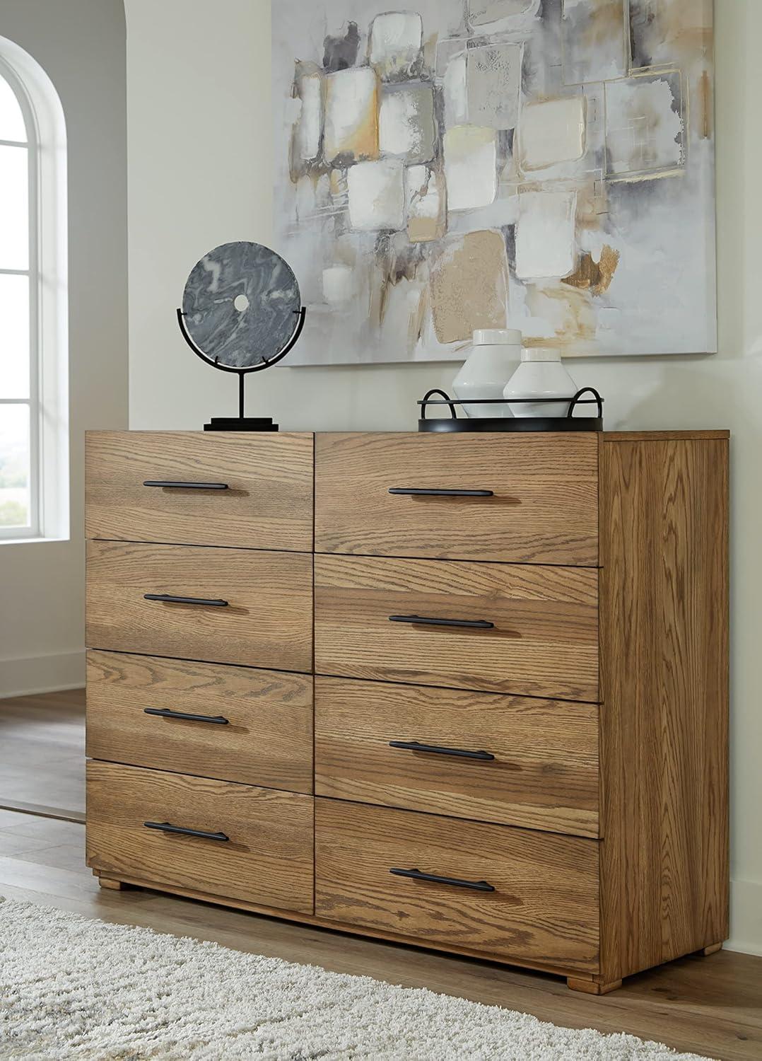 Light Brown Oak Veneer 8-Drawer Dresser with Black Iron Pulls