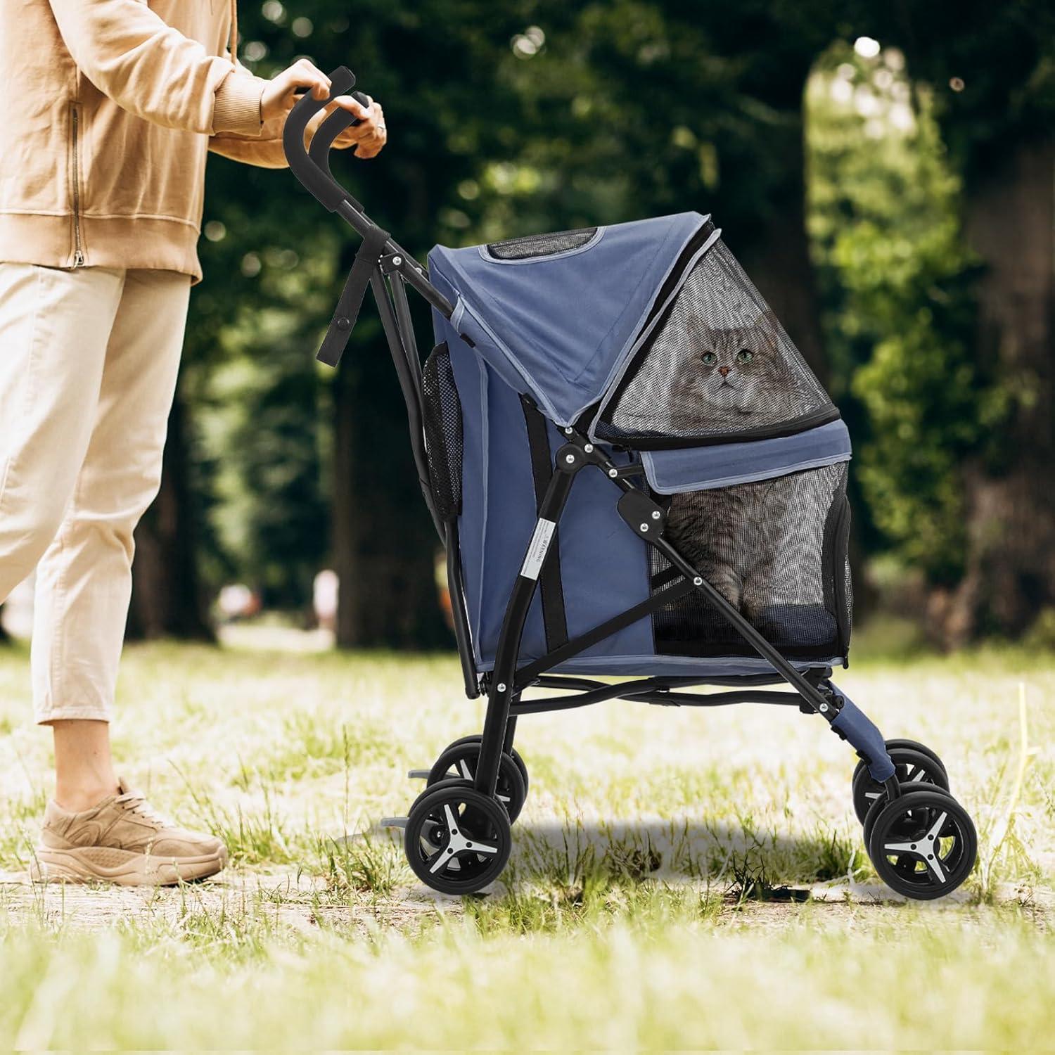 Magshion Foldable Lightweight Pet Trolley for Cats & Dogs, 4 Wheel (Navy Blue)