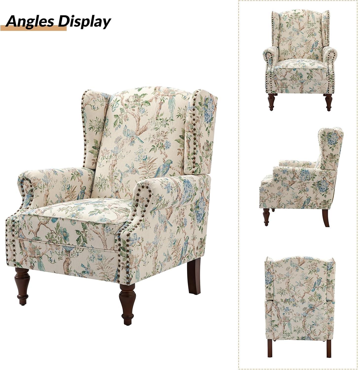 Beige Floral Pattern Wingback Accent Chairs with Wooden Legs