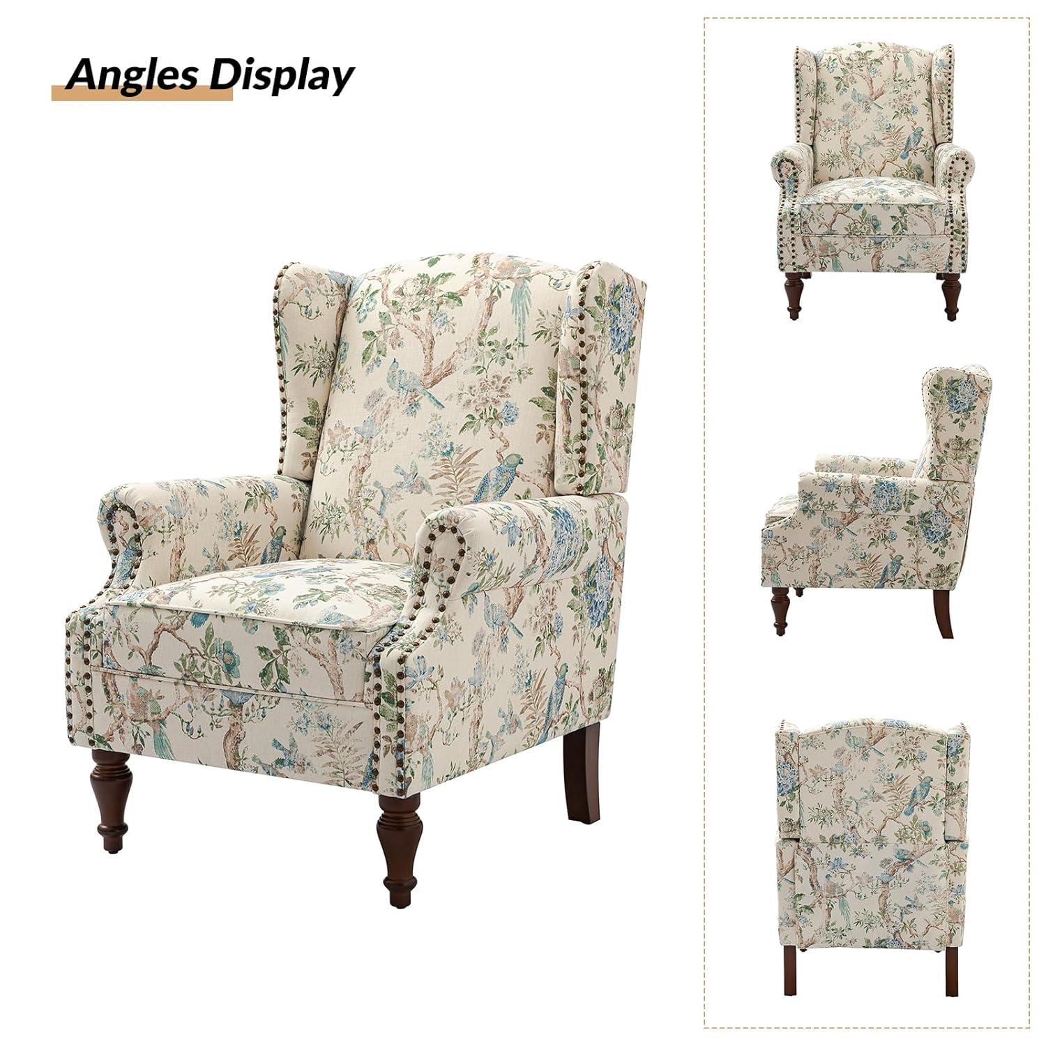 Beige Floral Pattern Wingback Accent Chairs with Wooden Legs