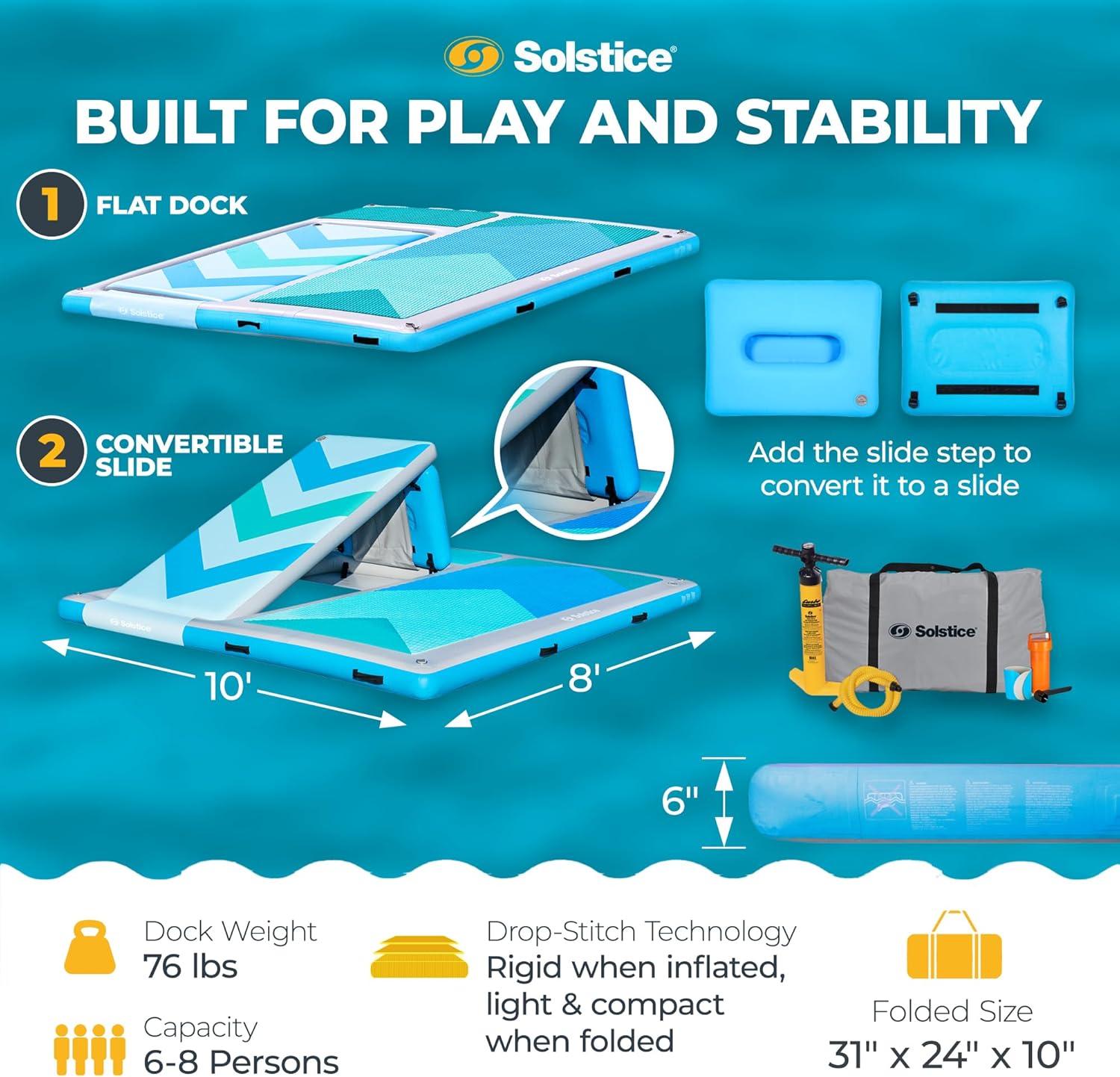 Solstice 10 Foot x 8 Foot Inflatable Convertible Floating Slide Dock Water Lounger Platform with Pump and Storage Bag for Lakes, Pools, and Rivers