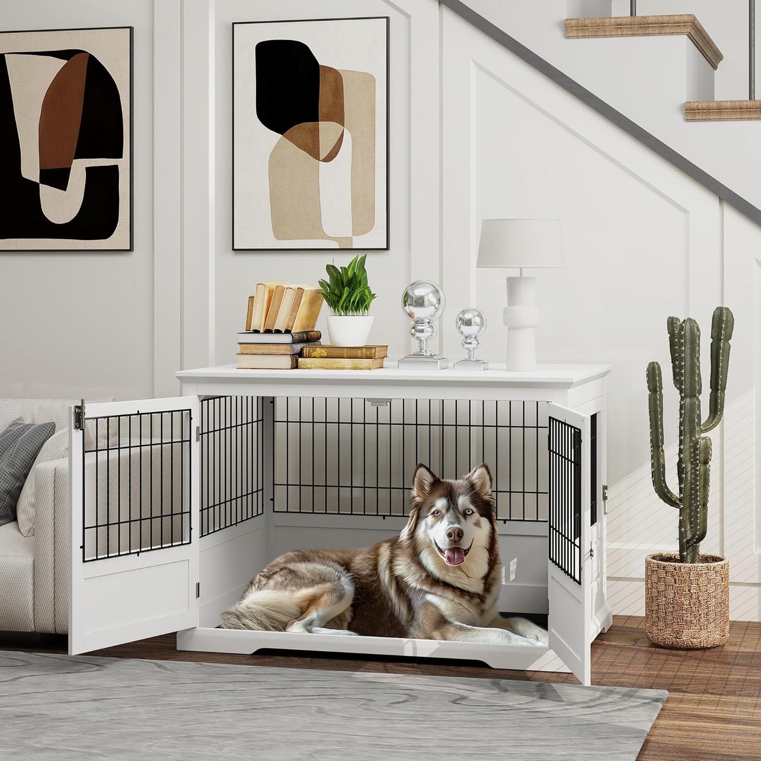 PawHut Dog Crate Furniture, 43" Dog Kennel End Table with 3 Doors, Removable Tray, for Extra Large Medium Small Dogs, Indoor Use, White
