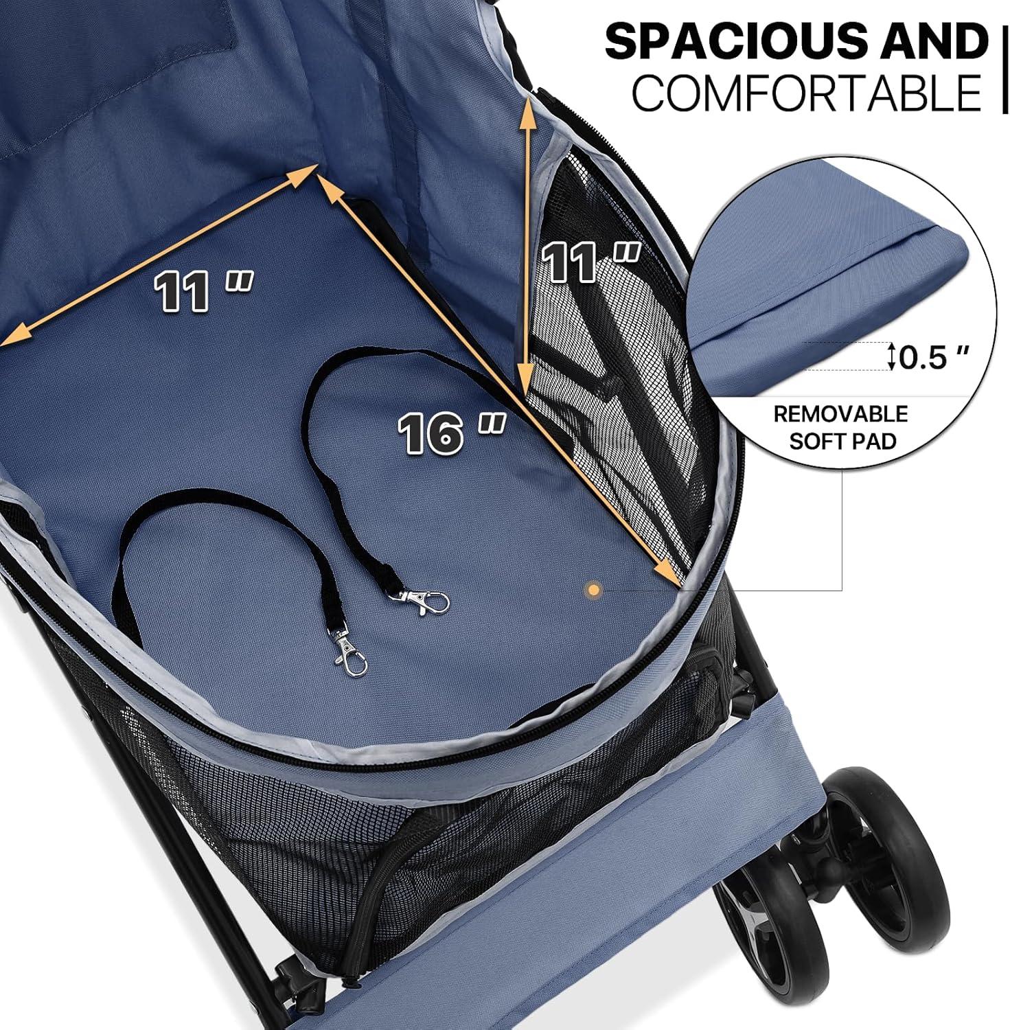 MoNiBloom 4 Wheel Folding Pet Stroller, Foldable Dog Jogger Stroller with Adjustable Canopy and Mesh Window