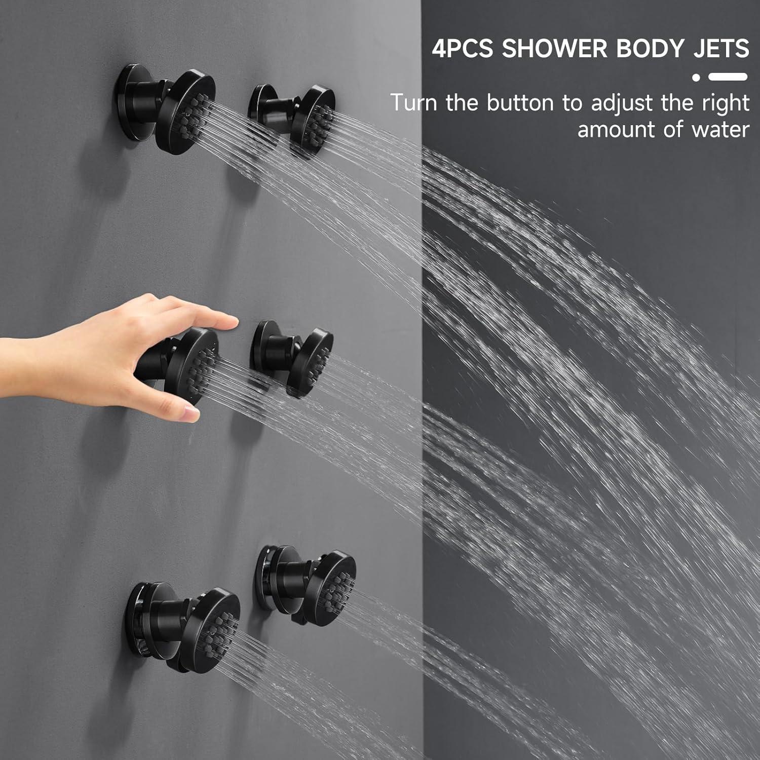 Shower Body Spray Jets with On Off 4PCS Square Shower Body Jet Brass Head Spray Spa Massage Body Shower Side Wall Spray Jets-Flow Cotrol (Brushed Gold)