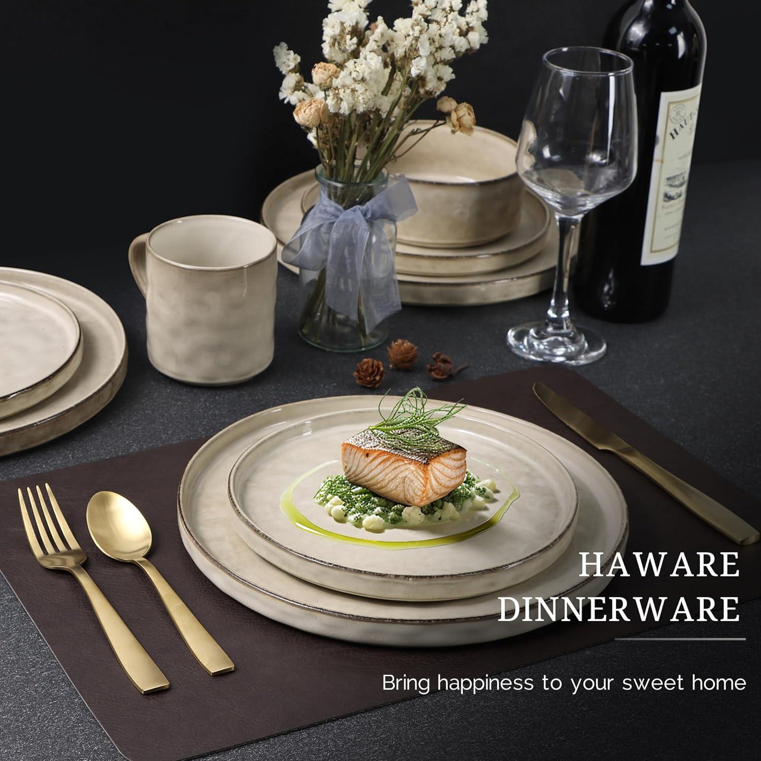 HaWare Dinnerware Sets, 16-Piece Stoneware Dinner Plates and Bowls for 4, Reactive Glaze Dishes Mug, Chip & Scratch Resistant, Microwave & Dishwasher Safe - Reactive Khaki