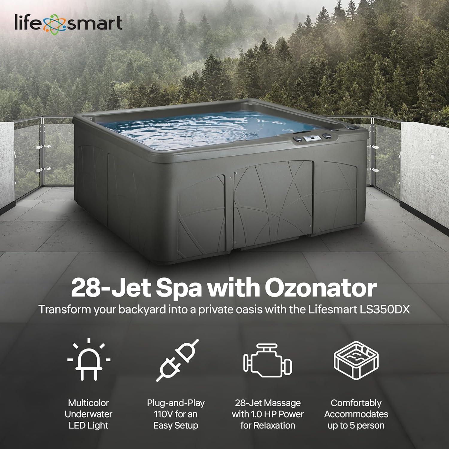 Lifesmart Spas 5 Person Plug and Play Hot Tub, 110 Volt 28 Jet Outdoor Spa with LED, Waterfall, Durable Thermal Cover, and Ozonator, LS350DX, Taupe