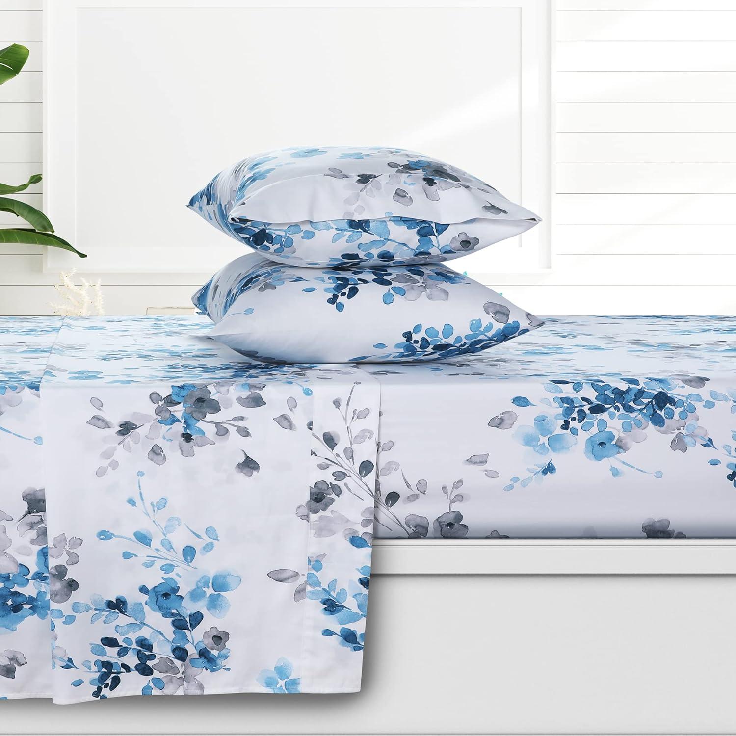 Gray and Blue Floral Organic Cotton Full Sheet Set