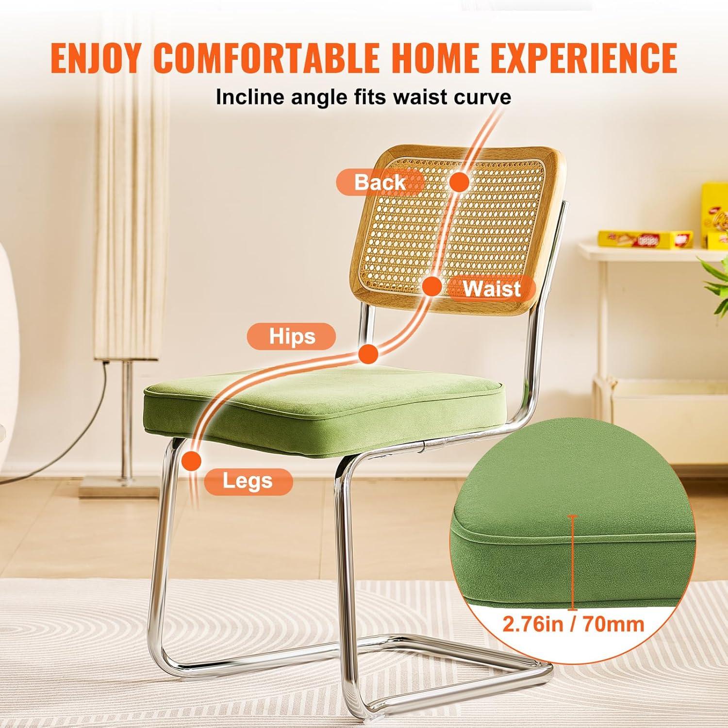 VEVOR Rattan Dining Chairs Set of 2, Mid Century Modern Dining Chair, Upholstered Velvet Accent Chair with Rattan Back,  (18.1 Inch)