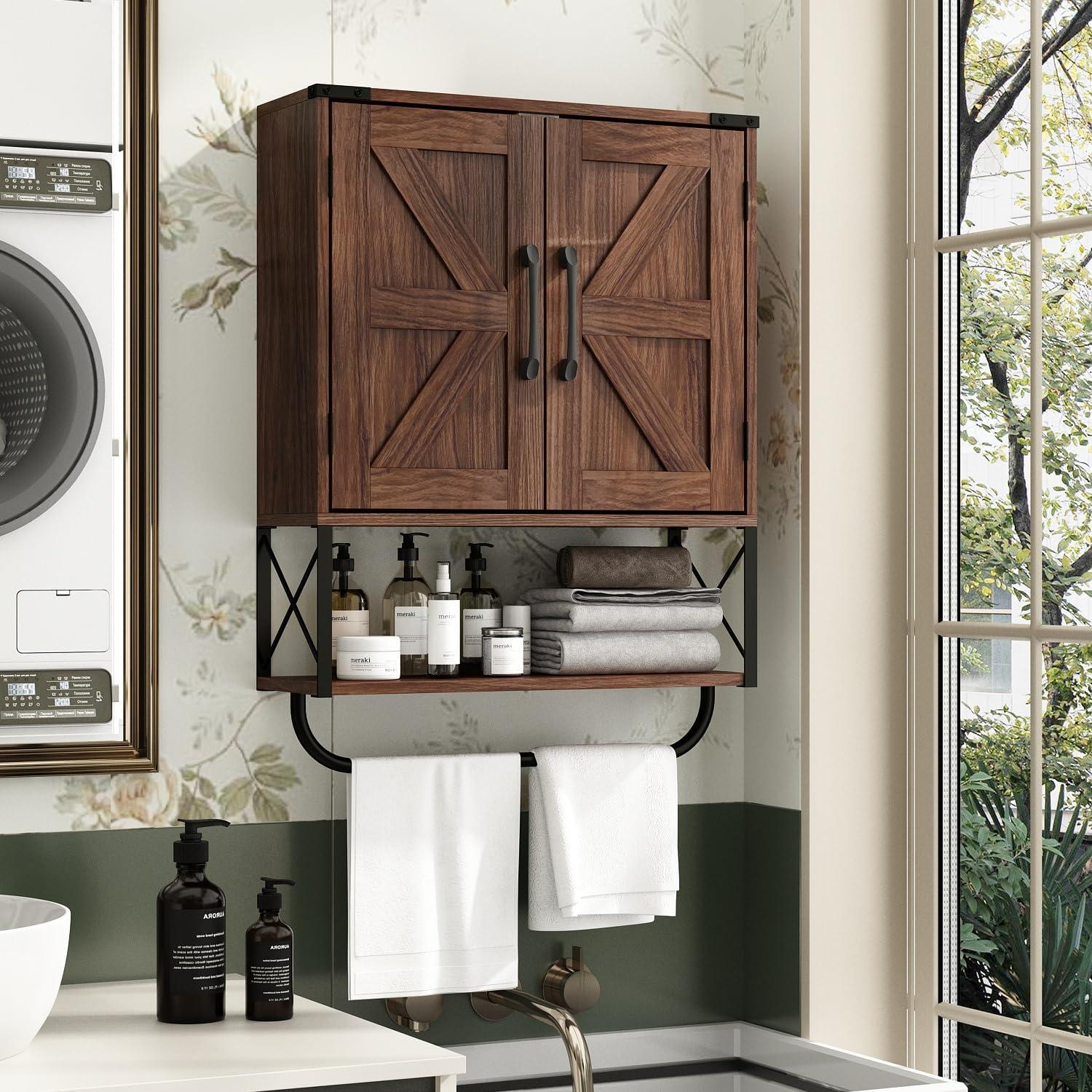 Farmhouse Rustic Medicine Cabinet With Two Barn Door,Wood Wall Mounted Storage Cabinet With Adjustable Shelf And Towel Bar, 3-Tier Cabinet For Bathroom, Living Room