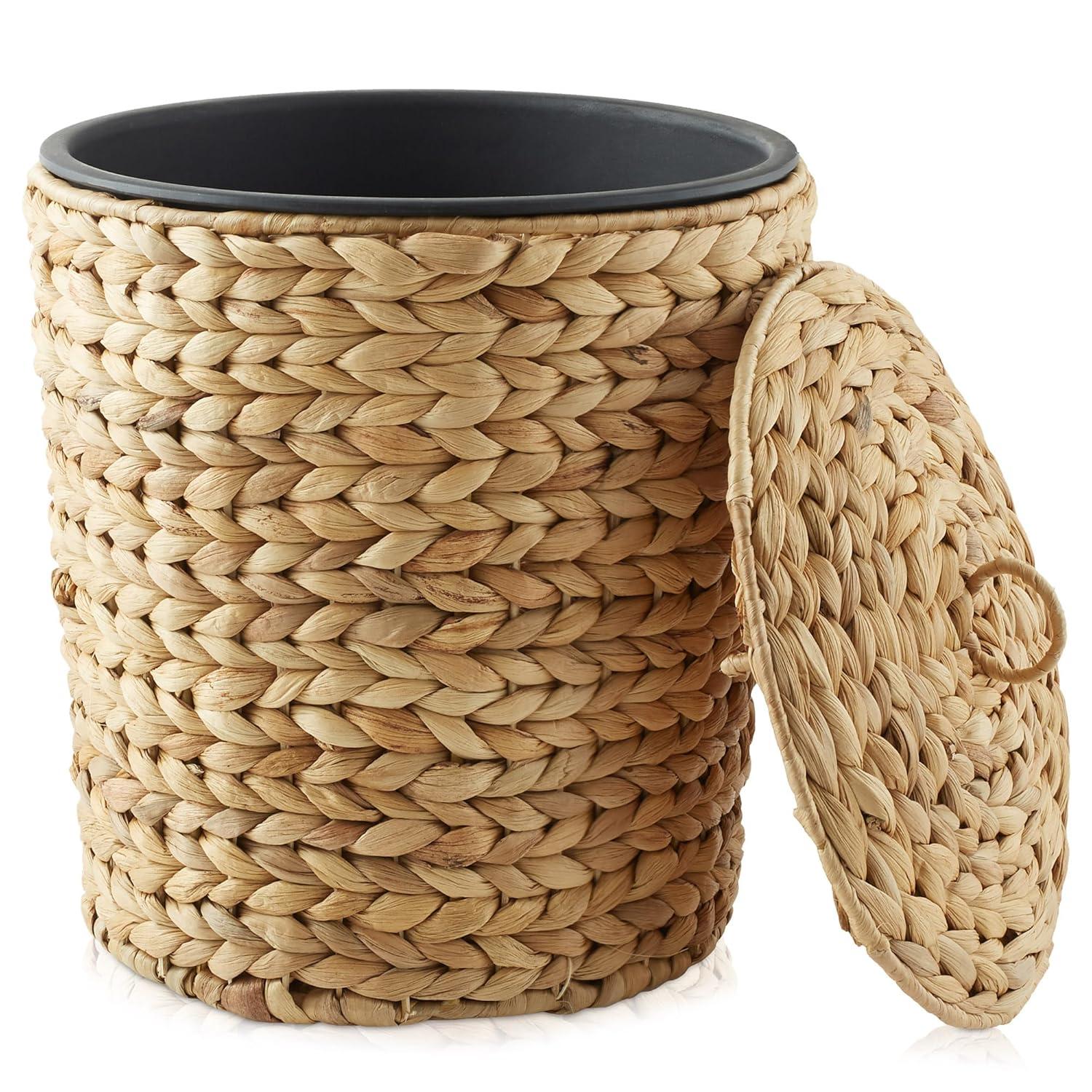 Water Hyacinth Waste Basket w Lid - Natural, Woven Bathroom Trash Can