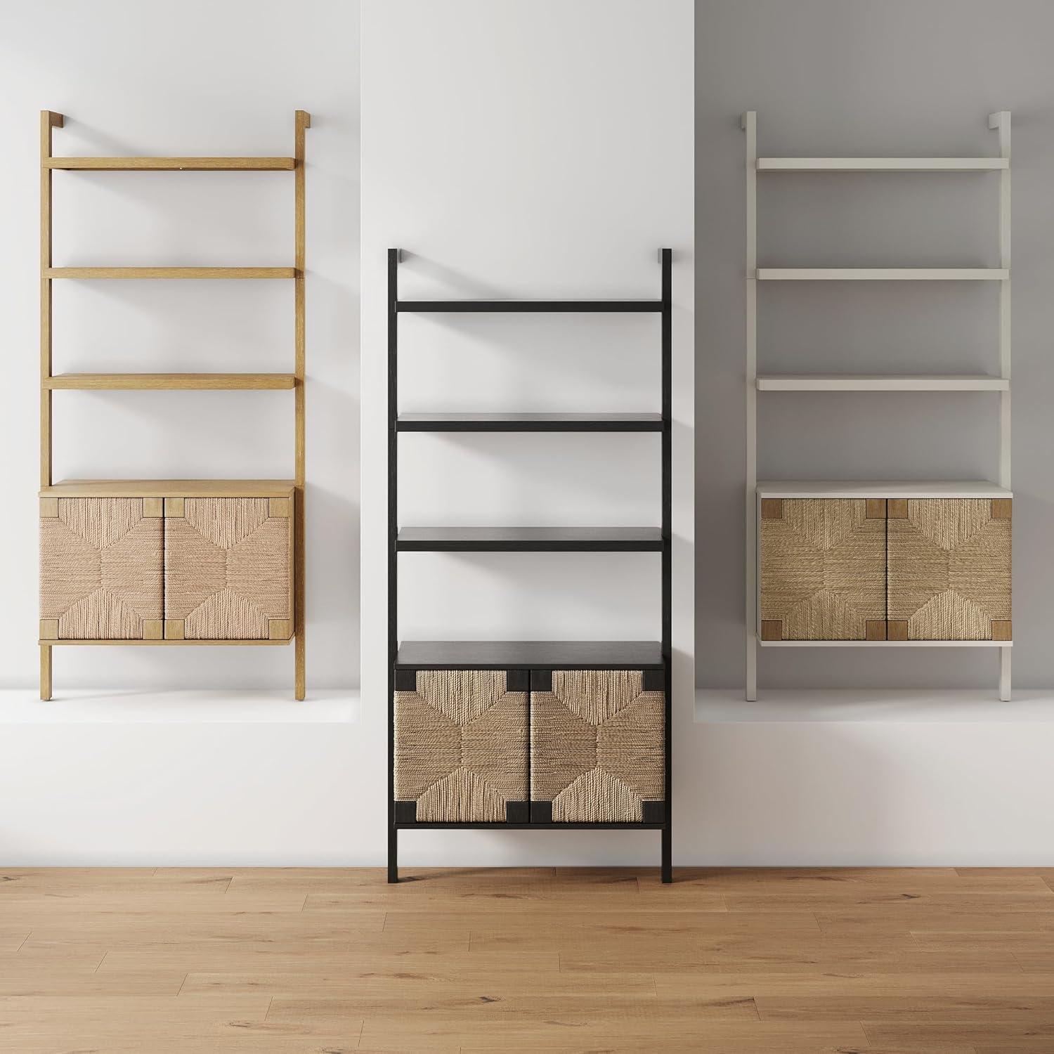 Brown Wood 3-Shelf Bookcase with Seagrass Doors