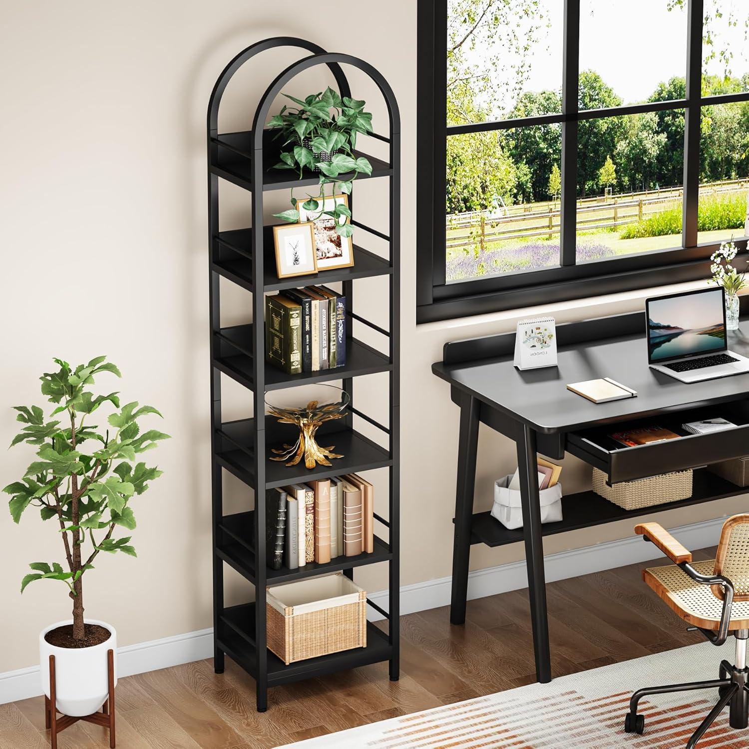 Black Arched 6-Tier Metal and Wood Bookshelf