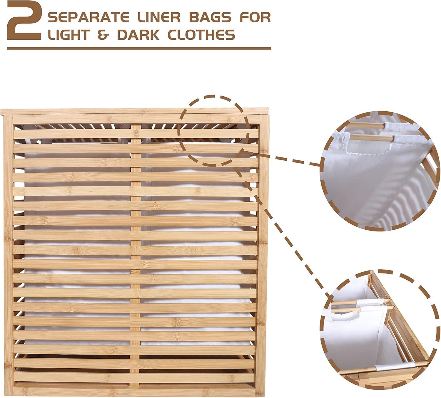 MUPATER Laundry Hamper with Lid, Bamboo Laundry Basket 2 Section with Removable Liner Bags, Foldable Clothes Hamper for Laundry Room, Bedroom and Bathroom